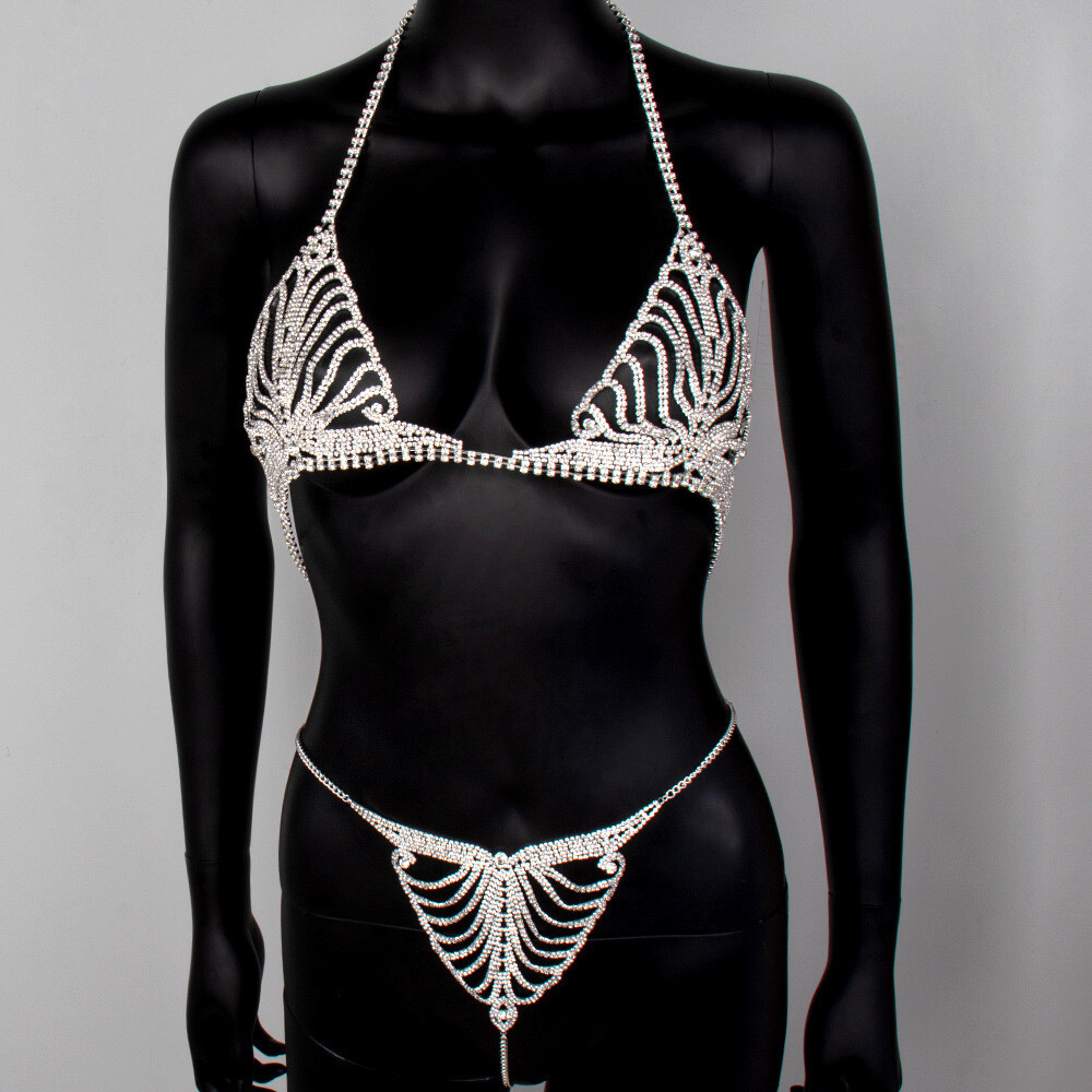 Women’s Rhinestone Chain Lingerie Bra Thong Set Bikini Body Jewelry Chain Gift！！