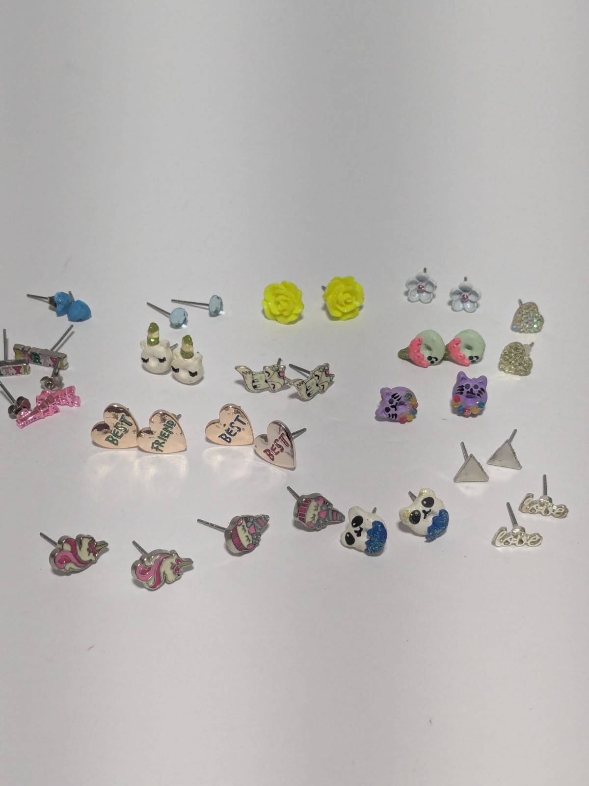 Variety Lot Of Small Stud Earrings. 18 Pairs. Little Girl Themed. Whimsical.