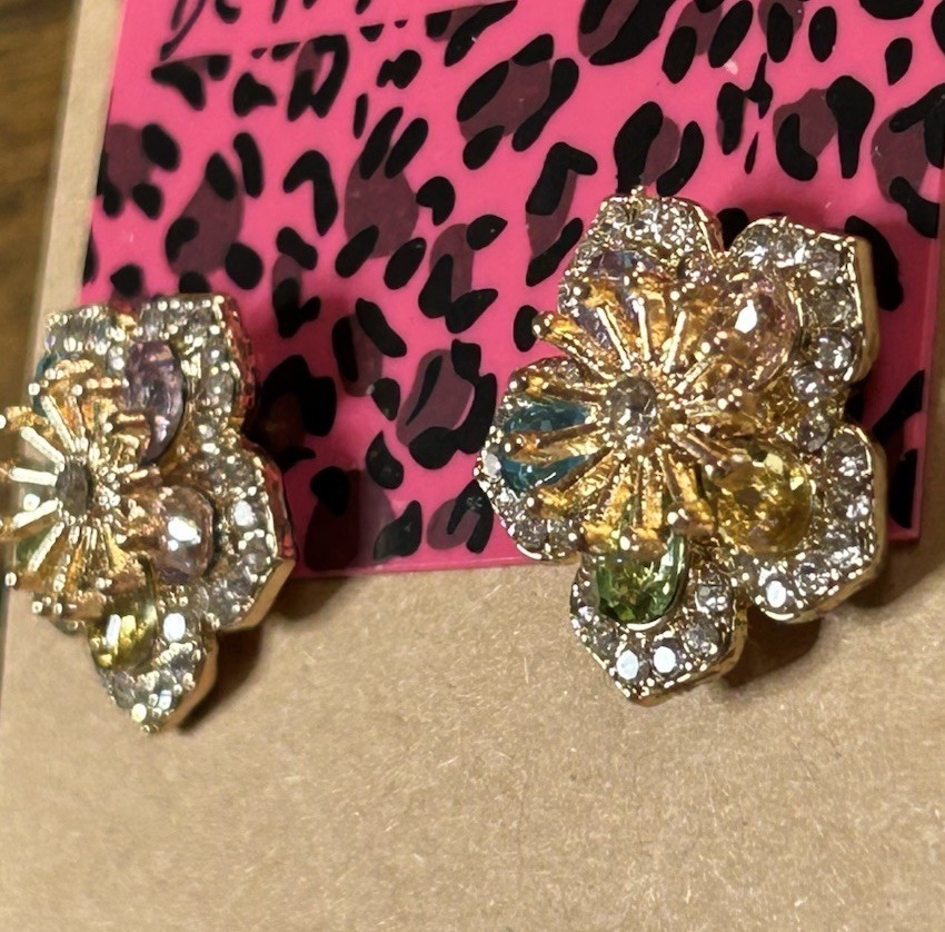 Multicolor FLOWER Rhinestone Golden Floral BLOSSOM Betsey Johnson Earrings