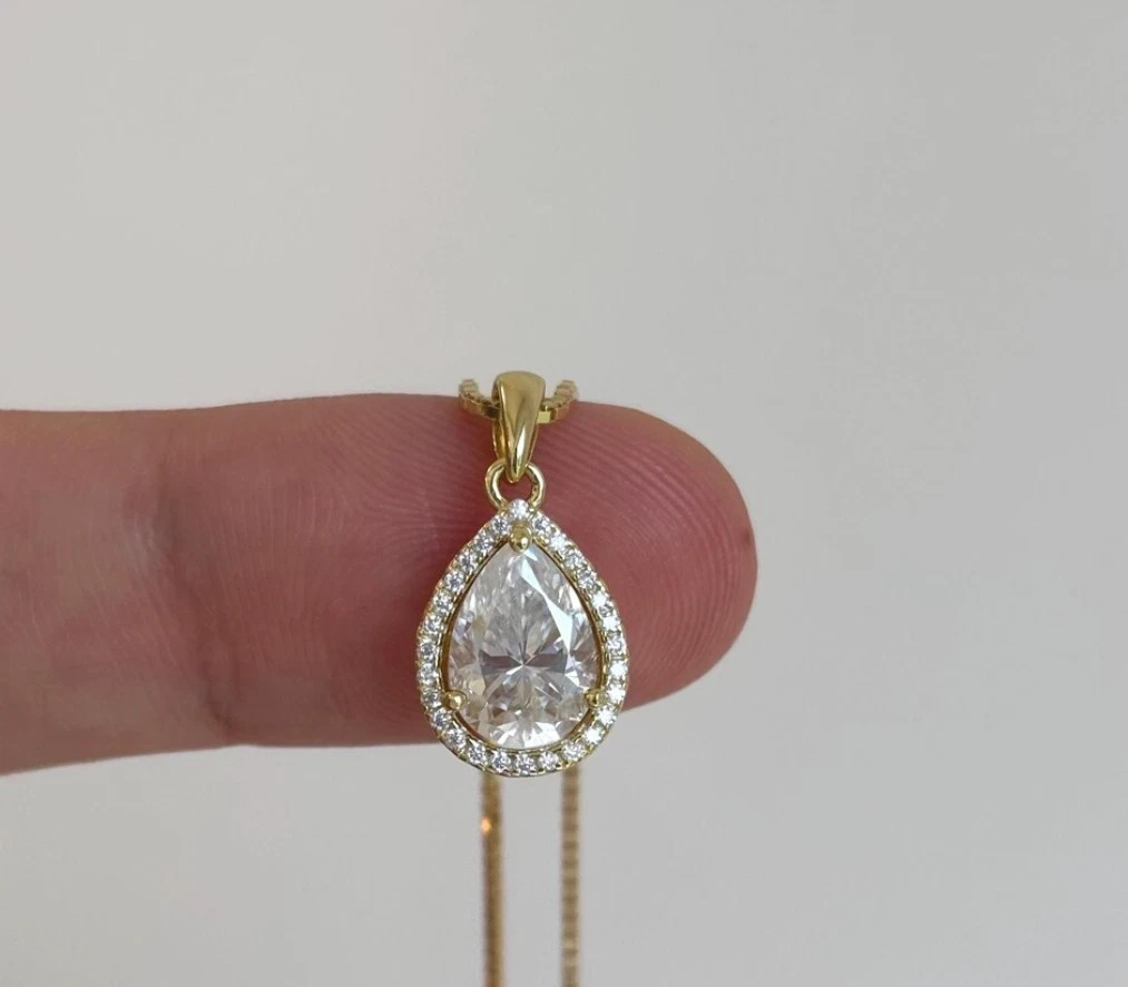 2.5Ct Pear Lab Created Diamond Halo 14K Yellow Gold FN Women’s Wedding Pendant