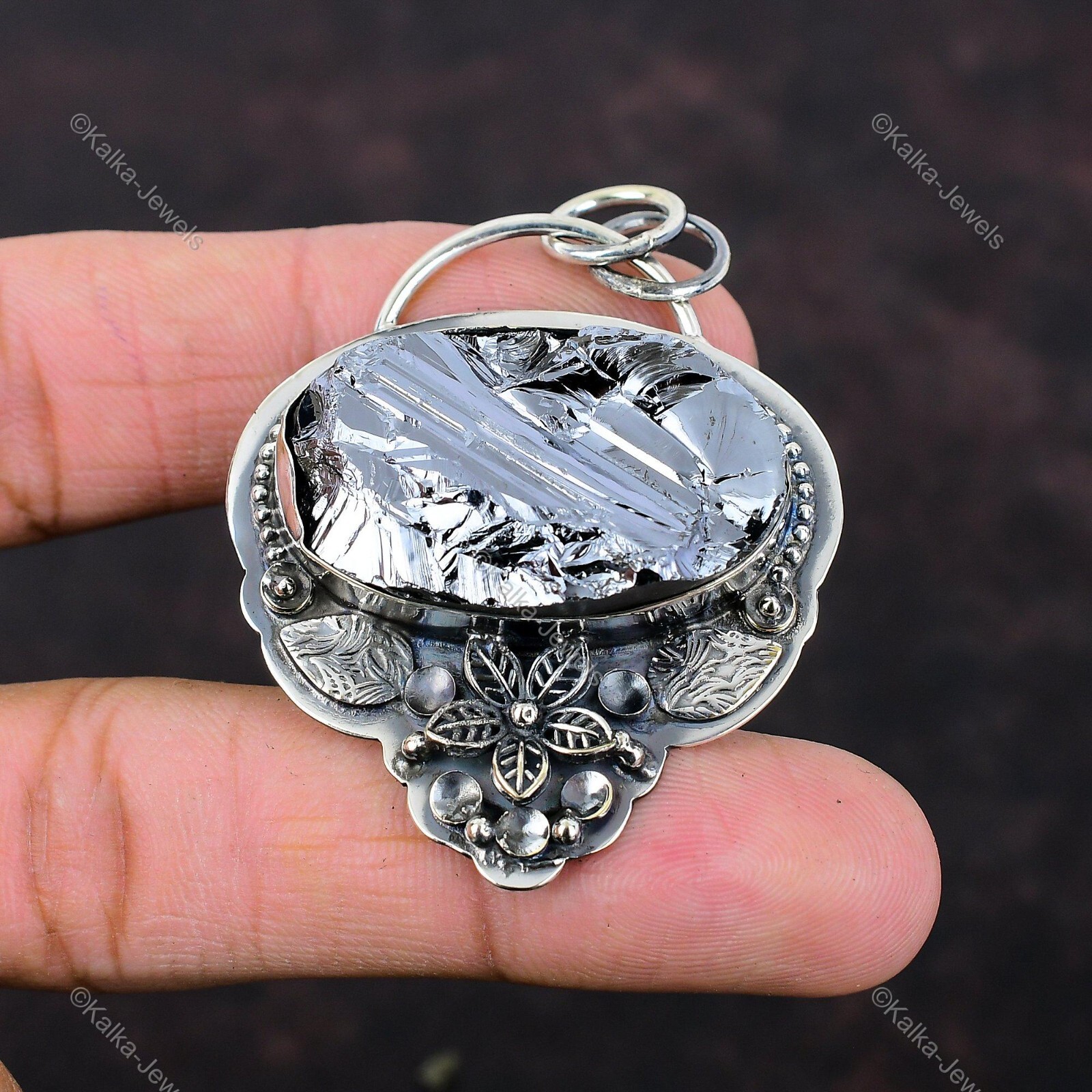Shungite Rough Gemstone Pendant 925 Sterling Silver Flower Handmade Boho Jewelry