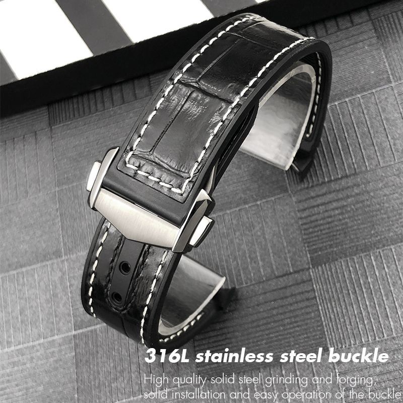 Fits Omega Semaster Planet Ocean 600 Black Leather Strap Rubber Lining Band 21mm