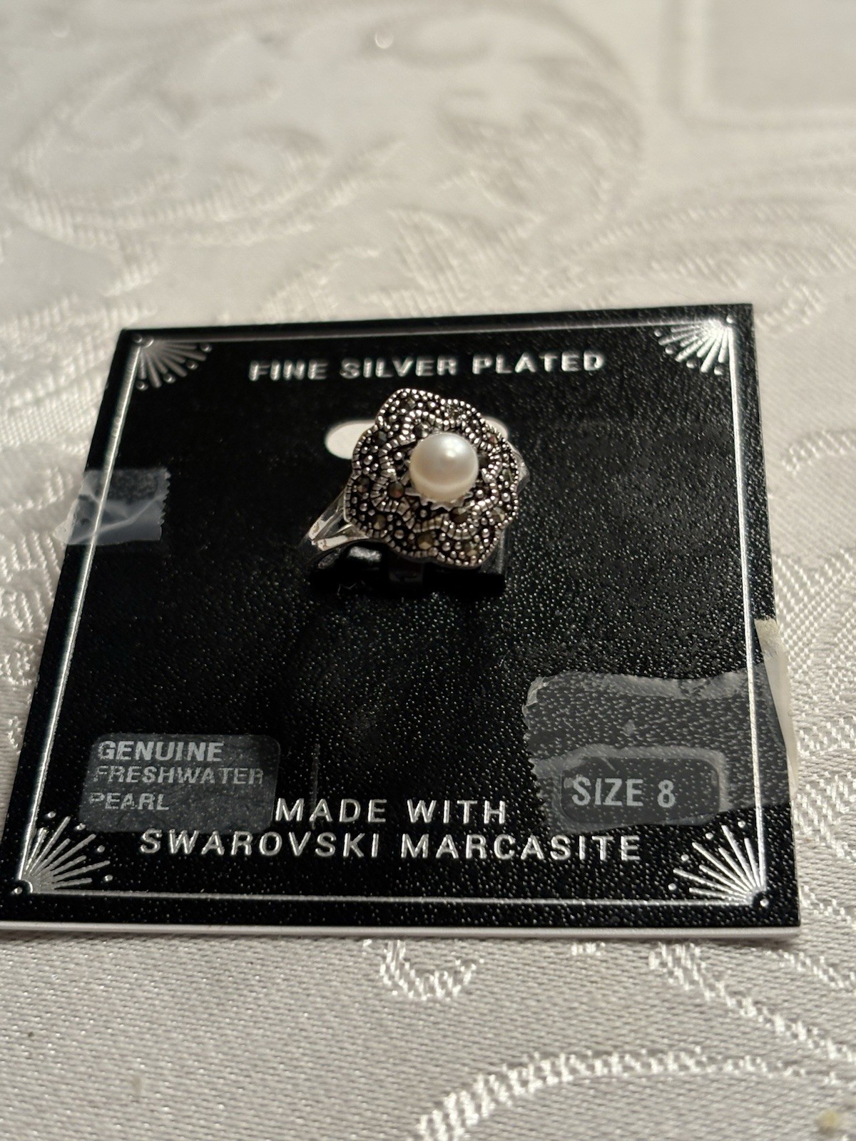 Statement sterling silver ring, marcasite, freshwater pearl, white, size 8 NWT