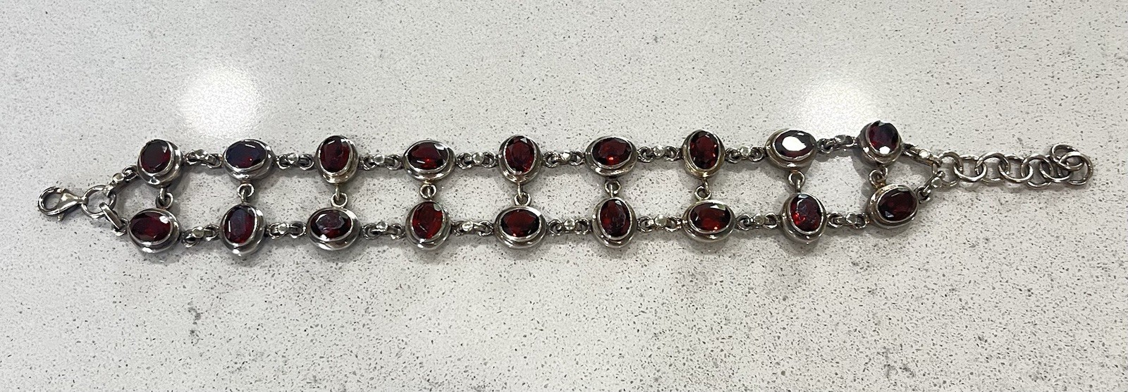 Sterling Silver Garnet Oval Bezel Tennis Chain Bracelet Adjustable 8 in