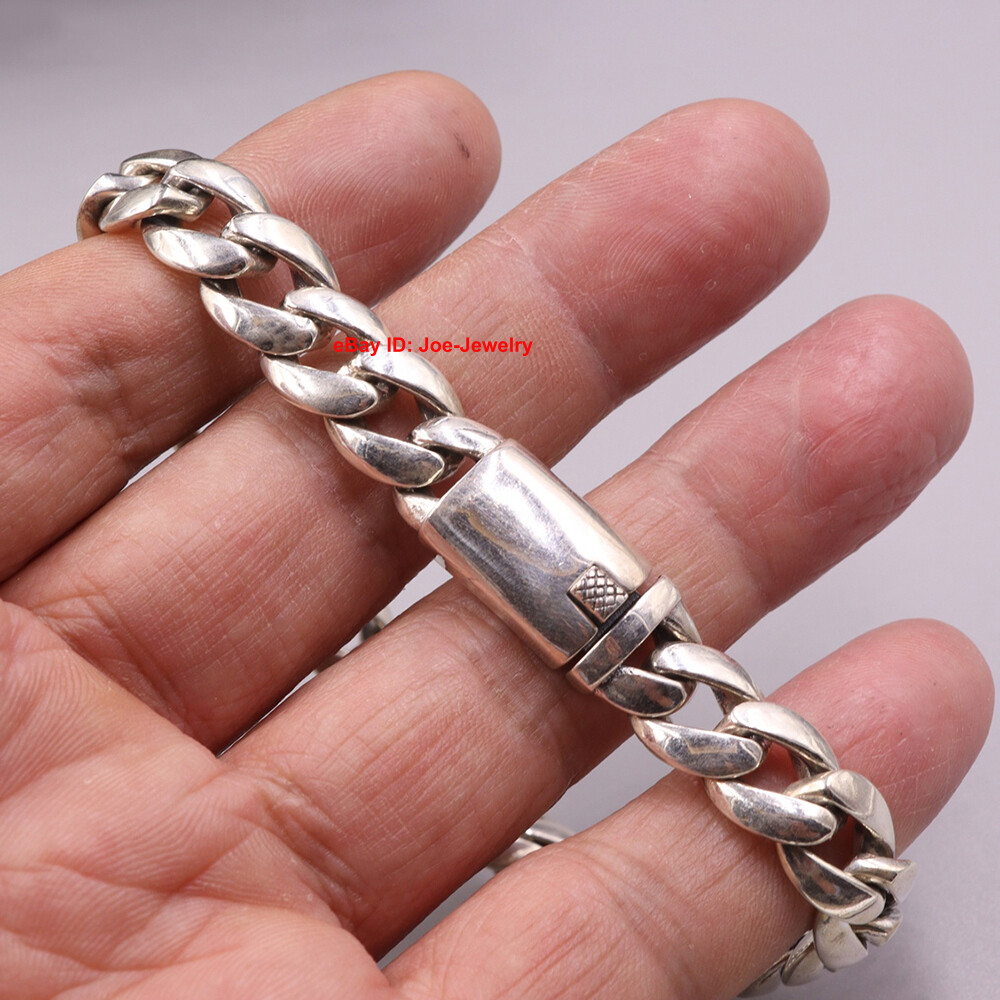Real 925 Sterling Silver Bracelet 10mm Curb Cuban Link Chain Men Women 8.26inch