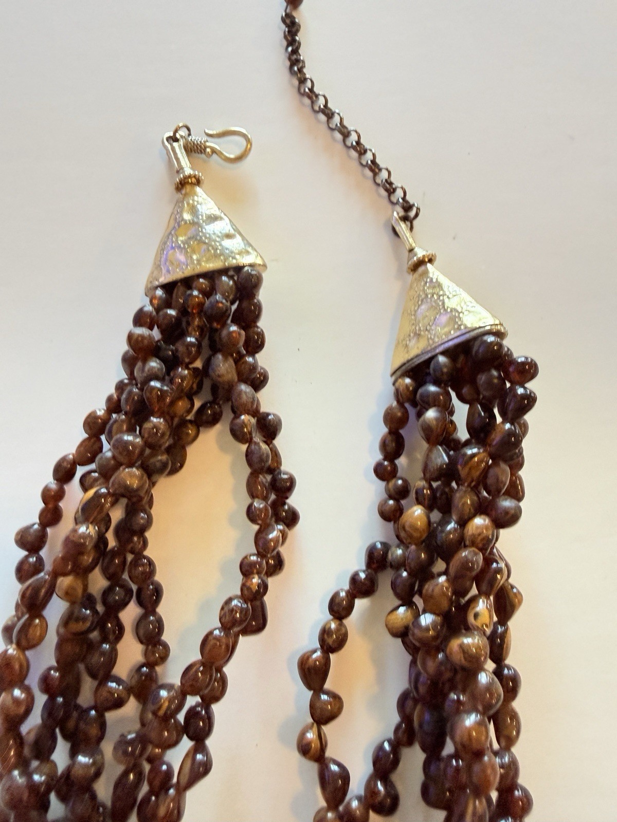 Brown Wood Beaded Multi-Strand Statement Necklace Gold Tone Round Charm Hook