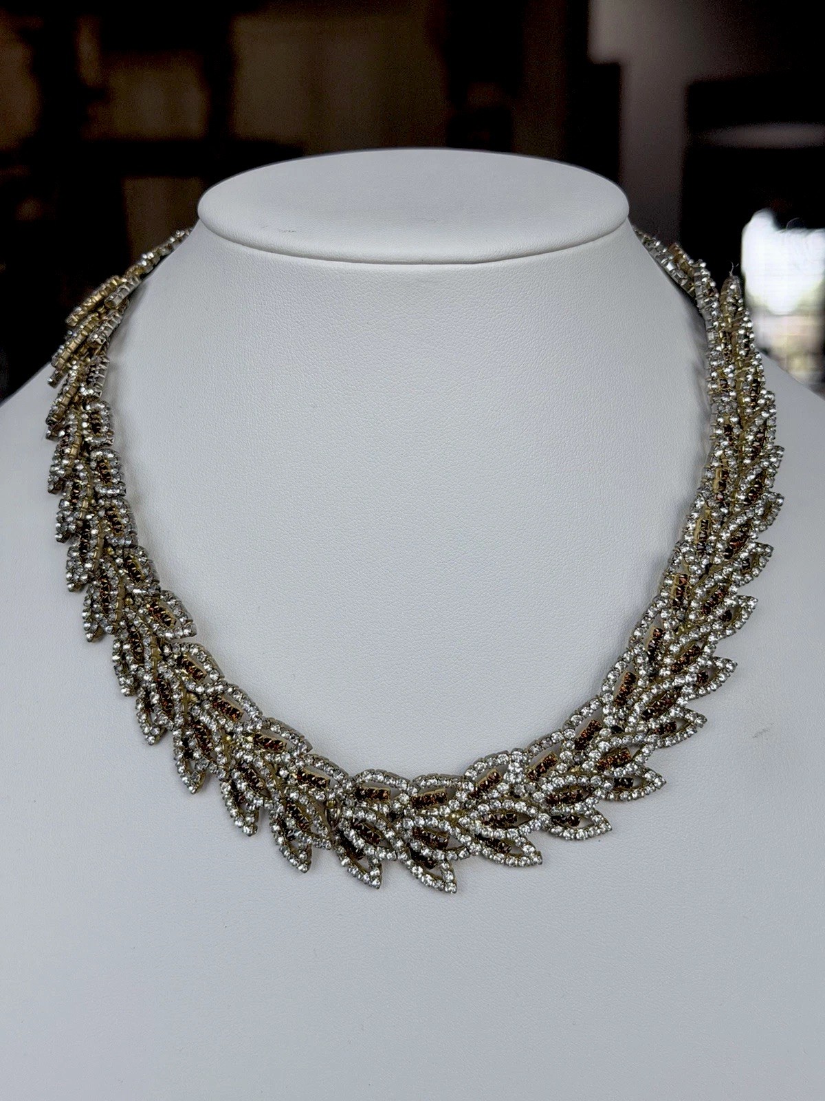 50’s-60’s Collar Statement Necklace, Laurel Leaf Motif & Prong Set Rhinestones