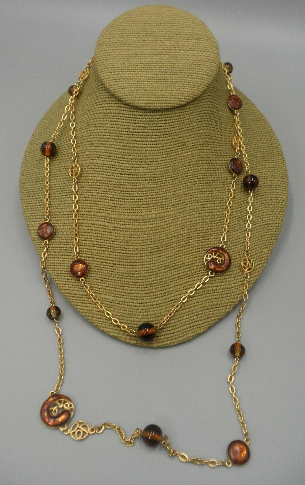 Avenue Signed Logo Station Necklace 2 Strand Brown Art Glass Beads Gold Tone