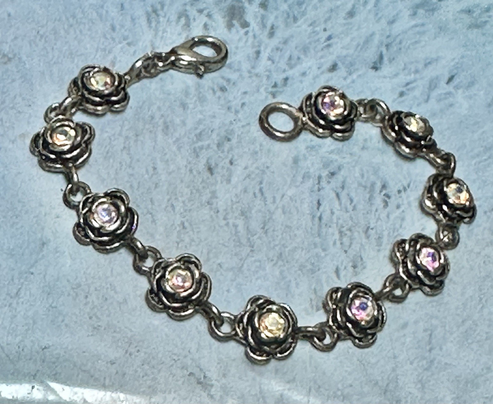 Vintage Premier Design AB Rhinestone Flower Silver Tone Bracelet 7.5″