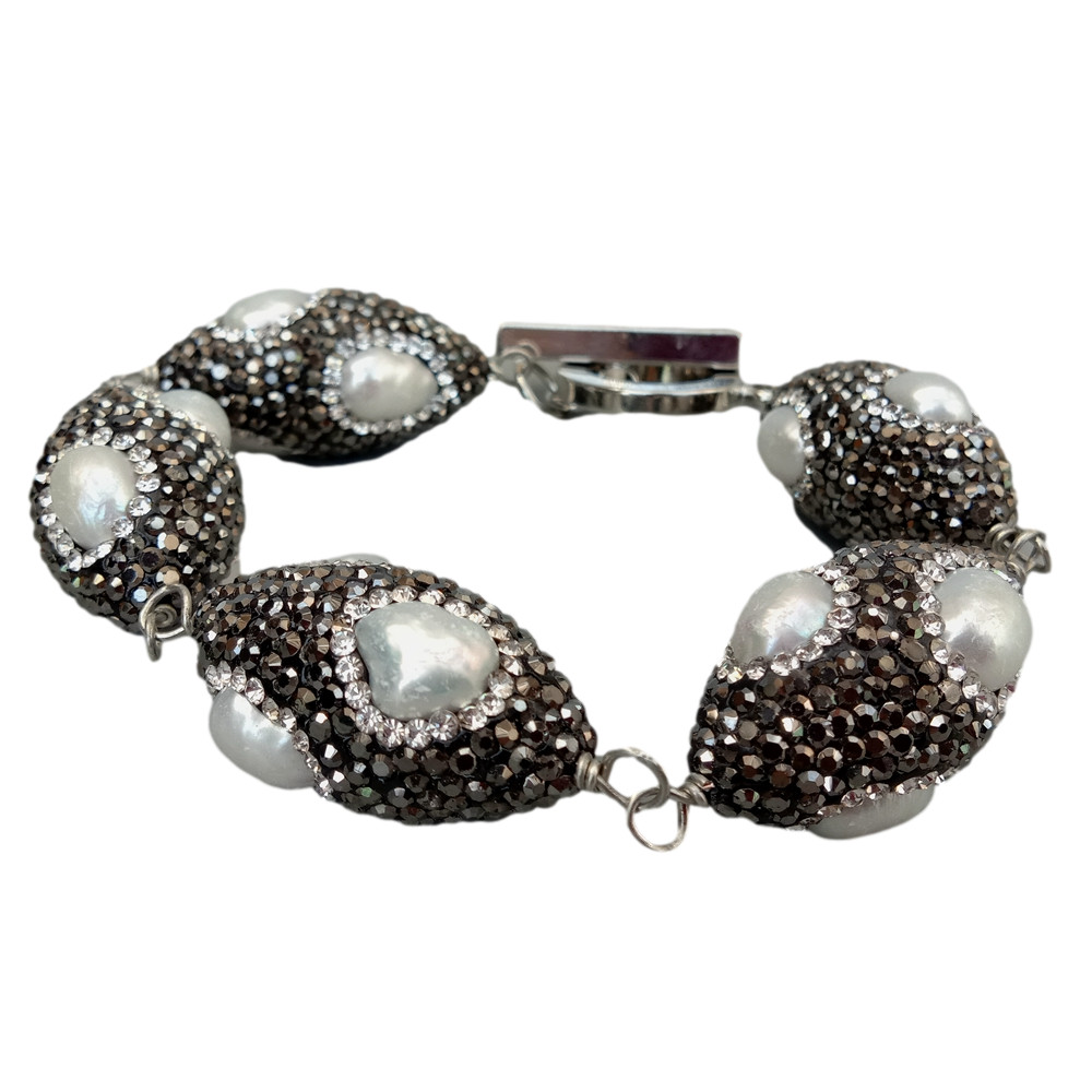 8.5″ Freshwater Cultured White Pearl Black Rhinestone Pave Olive shape Bracelet