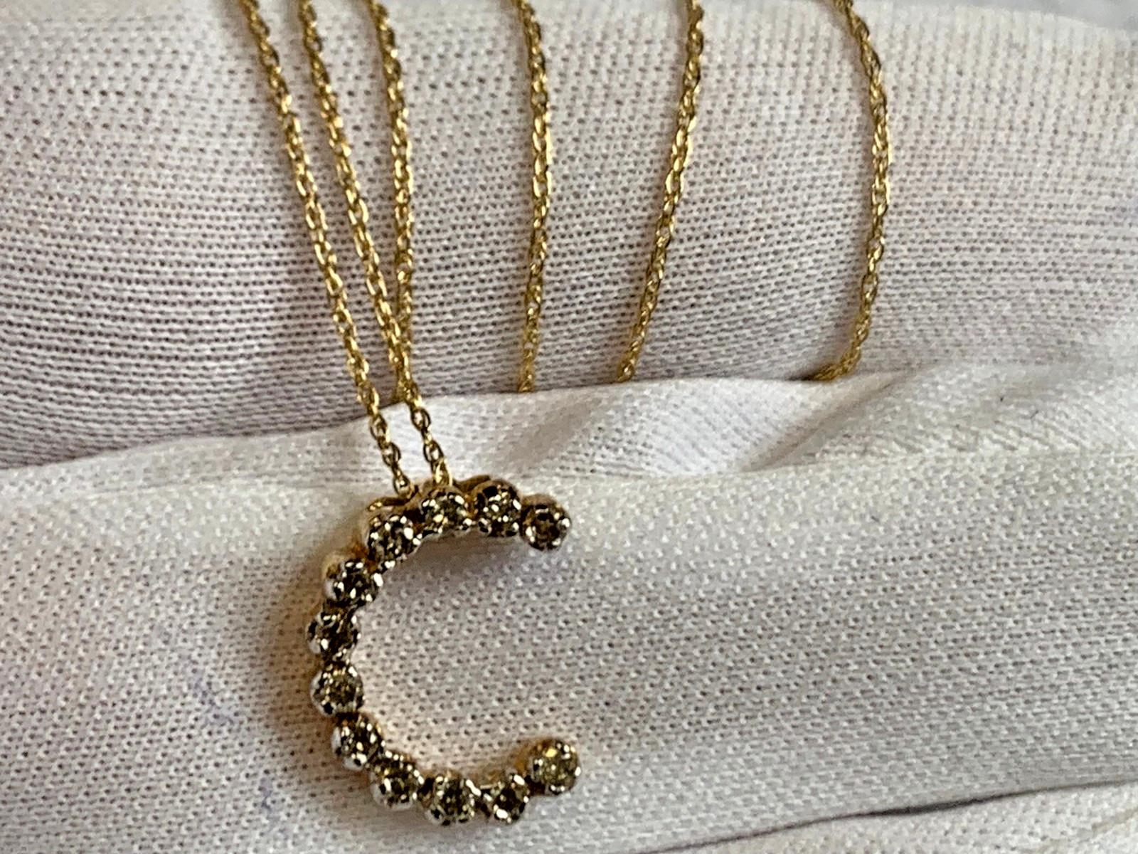 14K Yellow Gold Diamond “C” Necklace 1.95g Fine Jewelry 18″ Rope Chain *READ*