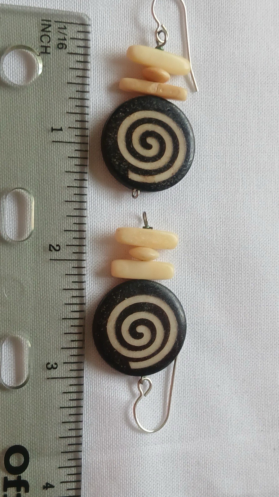 Vintage Artisan Black Ivory Spiral Round Dangle Earrings Hook