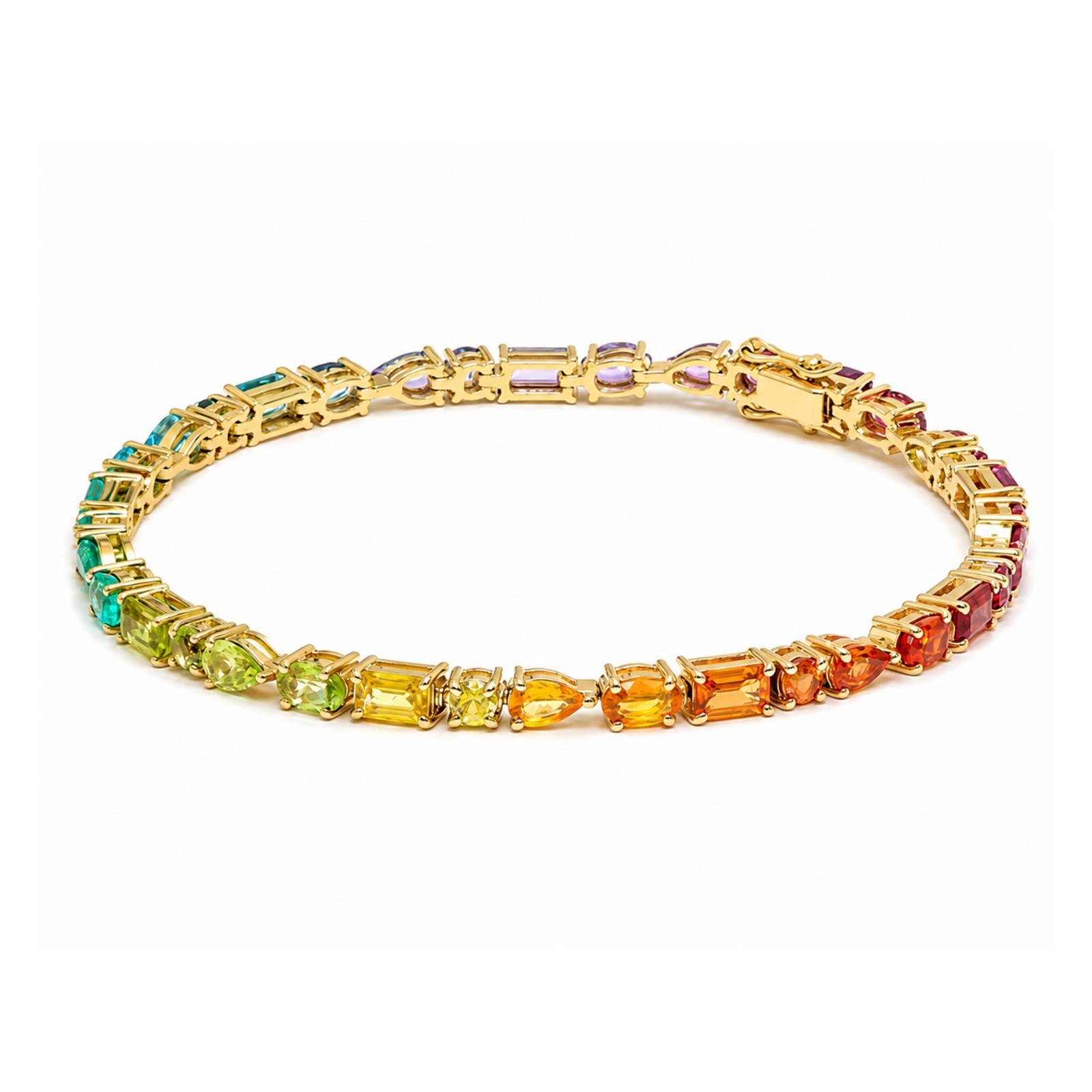 Multi Shape Rainbow Gemstone Tennis Bracelet In 14K Yellow Gold Handmade Jewelry