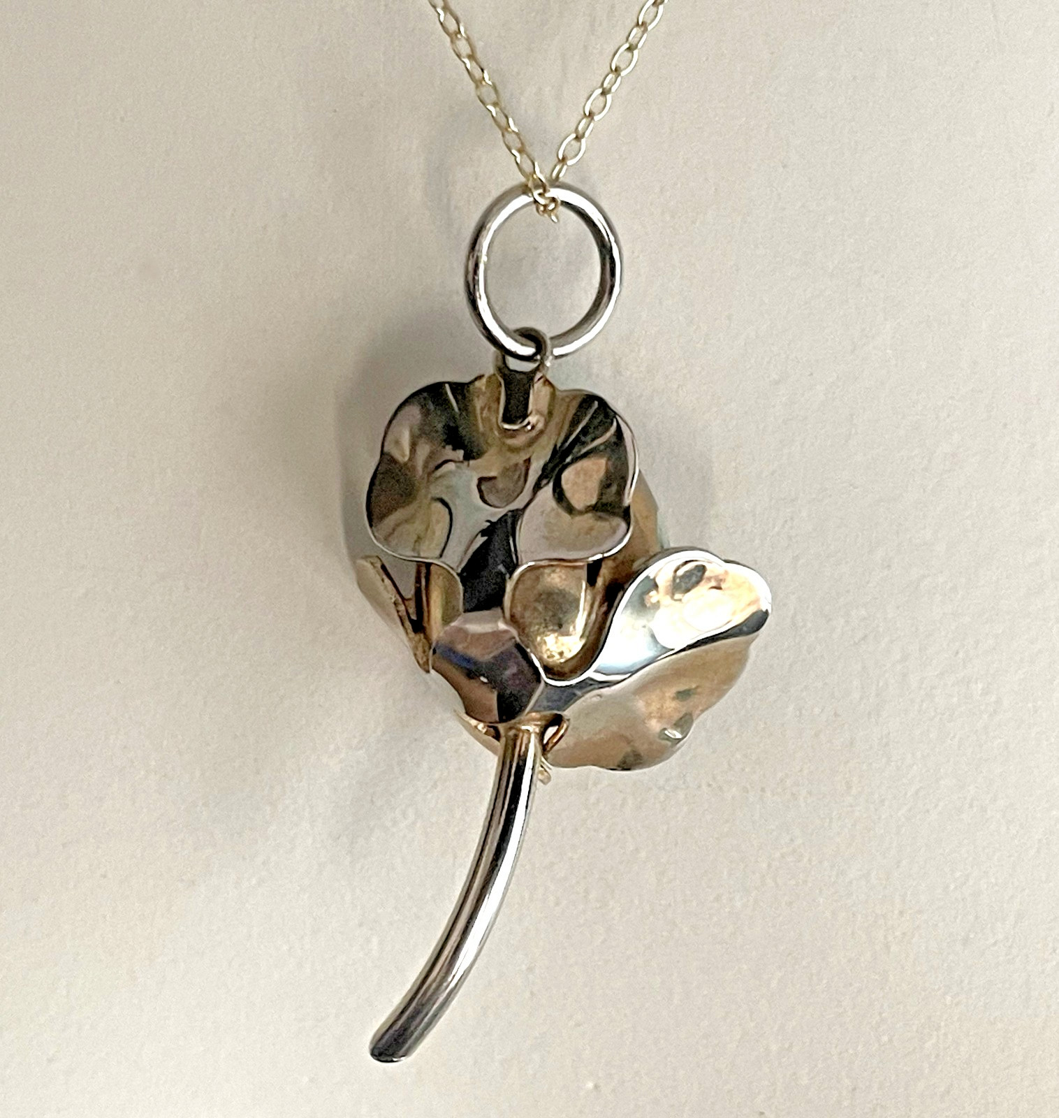 Vintage Metal Enameled Floral Pendant with Rhinestone and 925 Cable Chain.