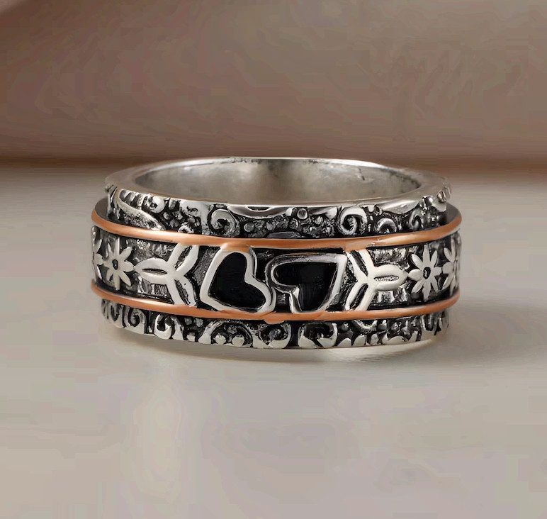 Hearts Ring Stainless Steel Two Tone Floral Fidget Meditation Band