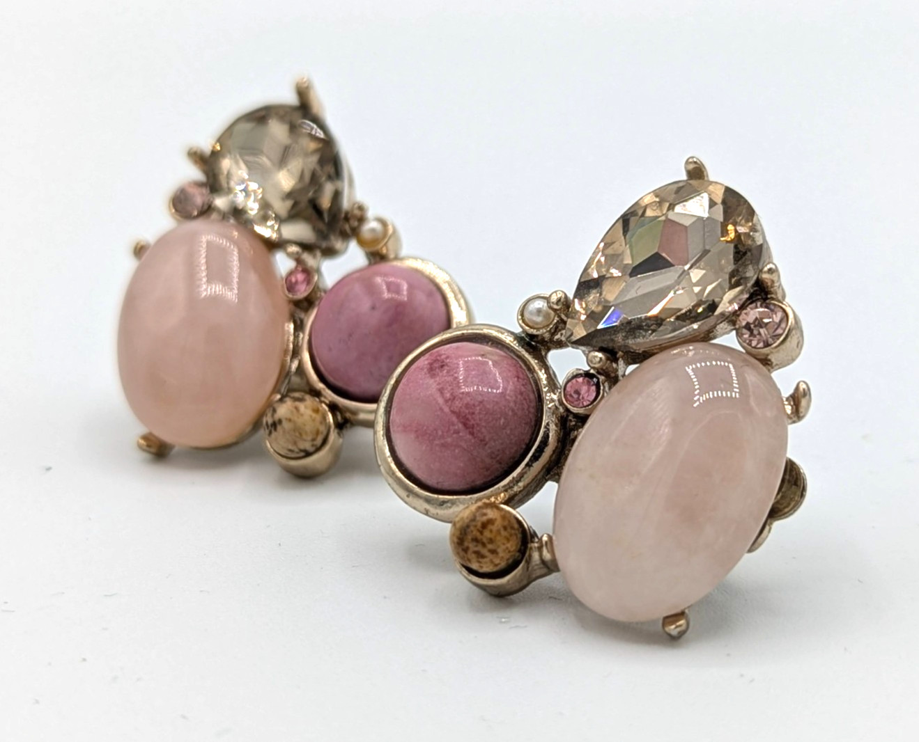 Vintage Pink Rose Quartz Clip On Earrings Smoky Rhinestone teardrop Chicos