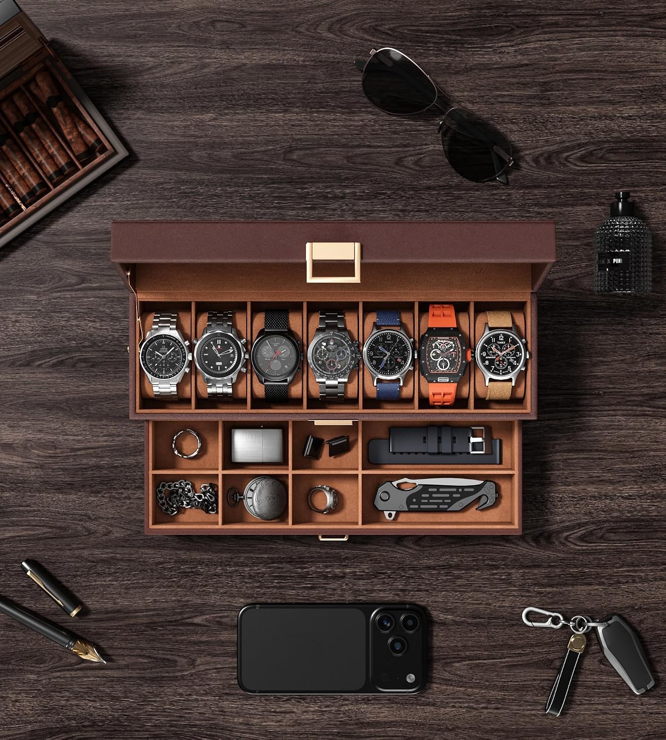 sensok Watch Case Box for Men – 7 SLots Watches Storage 7 Slots, Brown, Brown