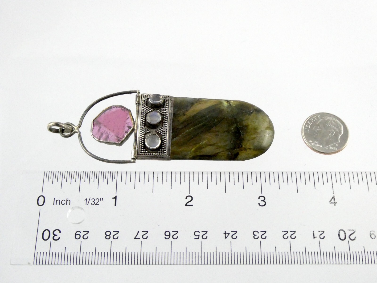 Sterling Silver Pink Tourmaline Slice Labradorite Moonstone Pendant 925 24.2g