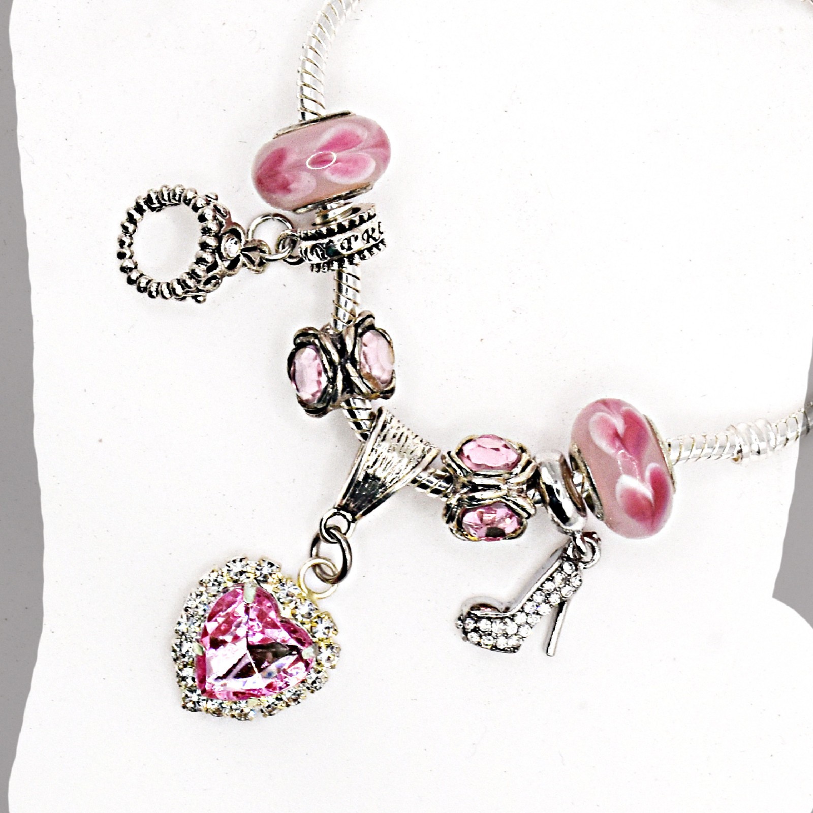 Murano Glass Beads 7 Pieces Pink with Rhinestones 7 Pieces New