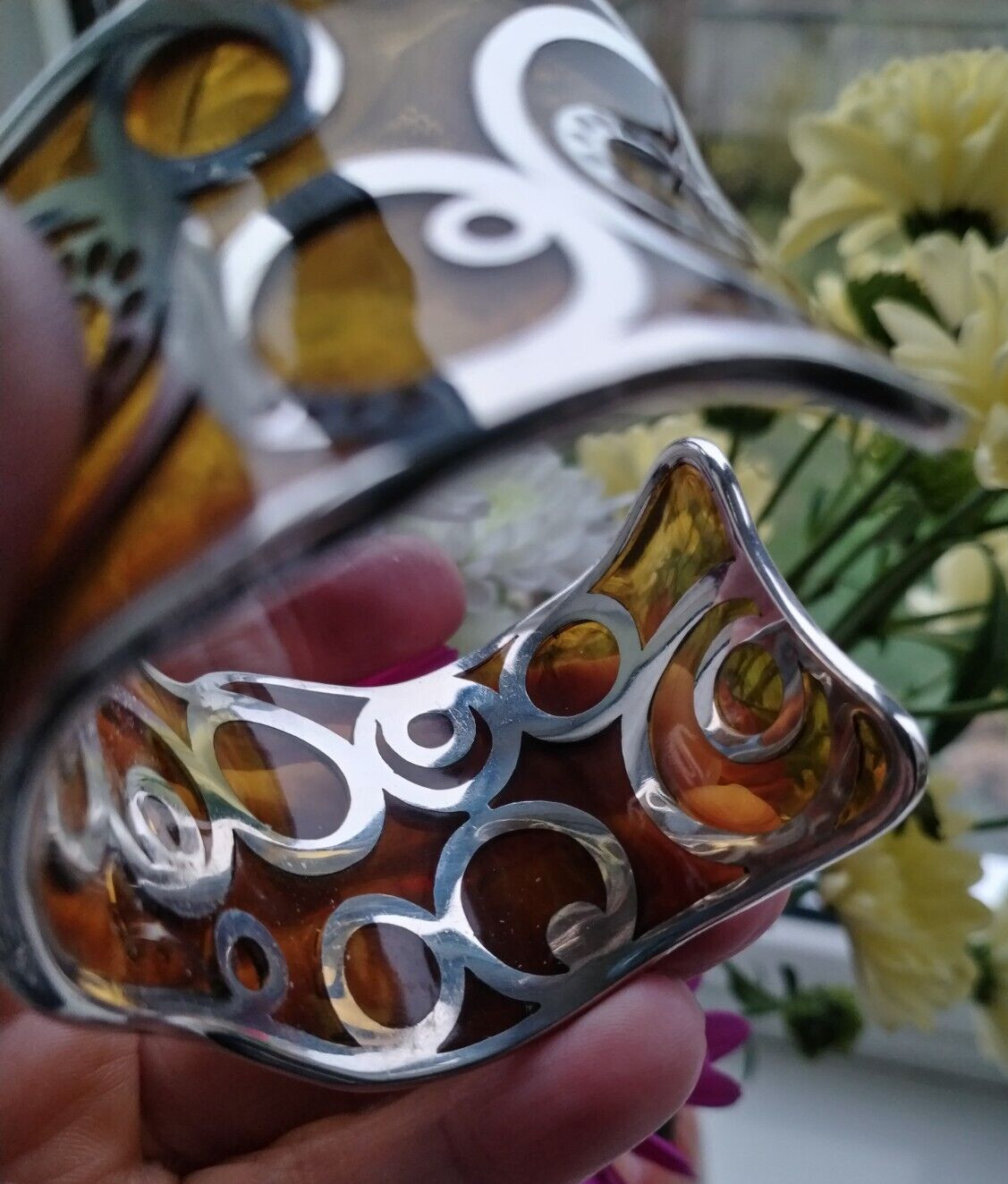 Jou Jou 925 Silver Scrolled Cuff Bracelet Inset With Yellowy Amber Resin