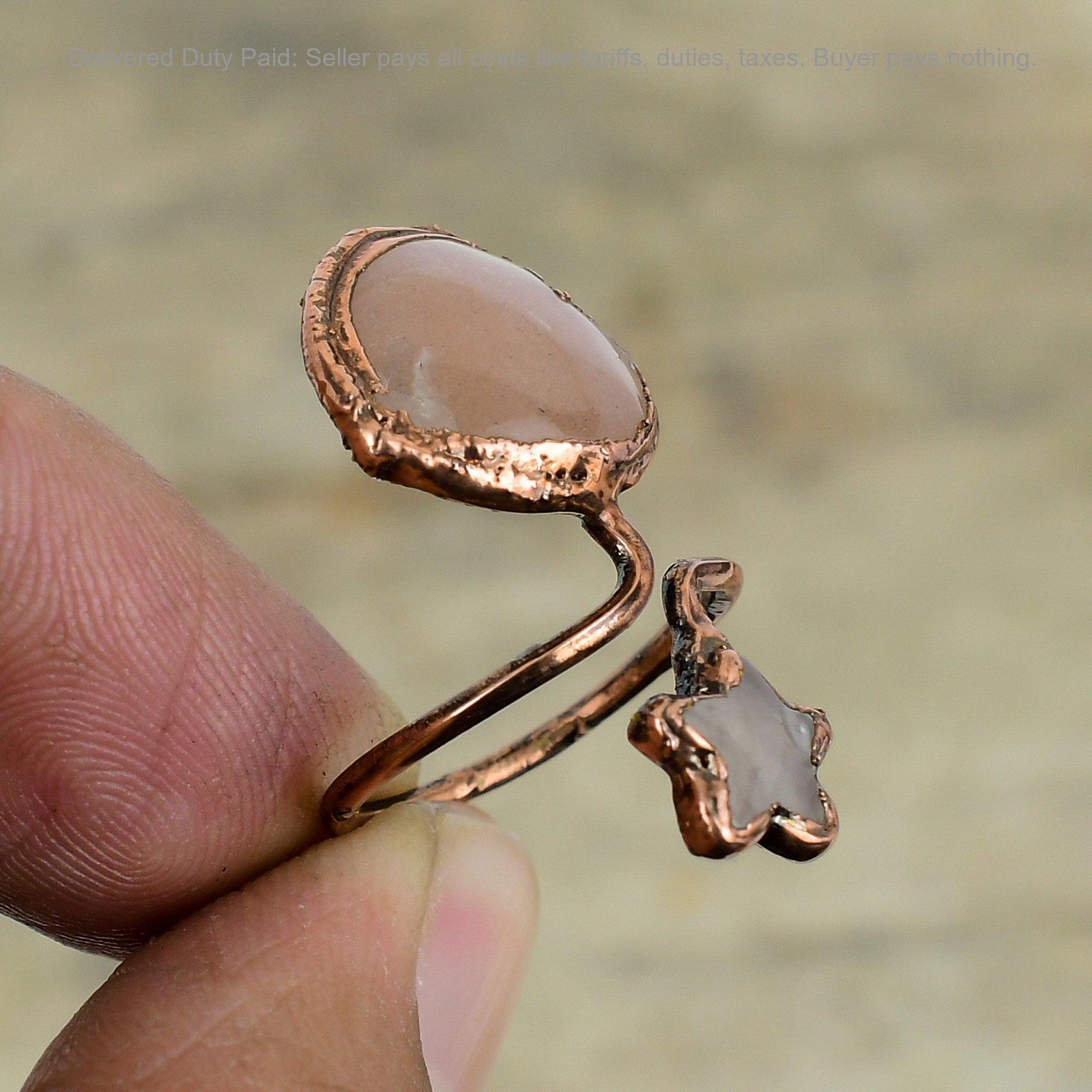 Rose Quartz Gemstone Rainbow Moonstone Copper Promise Wedding Wife Ring Jewelry
