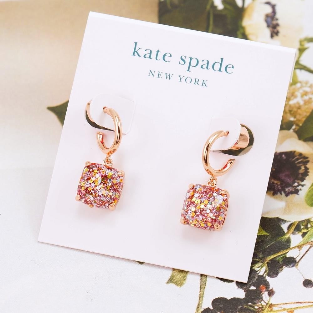 NWT Kate Spade Mini Square Glitter Huggies Earrings $38 Rose Pink Rose Gold