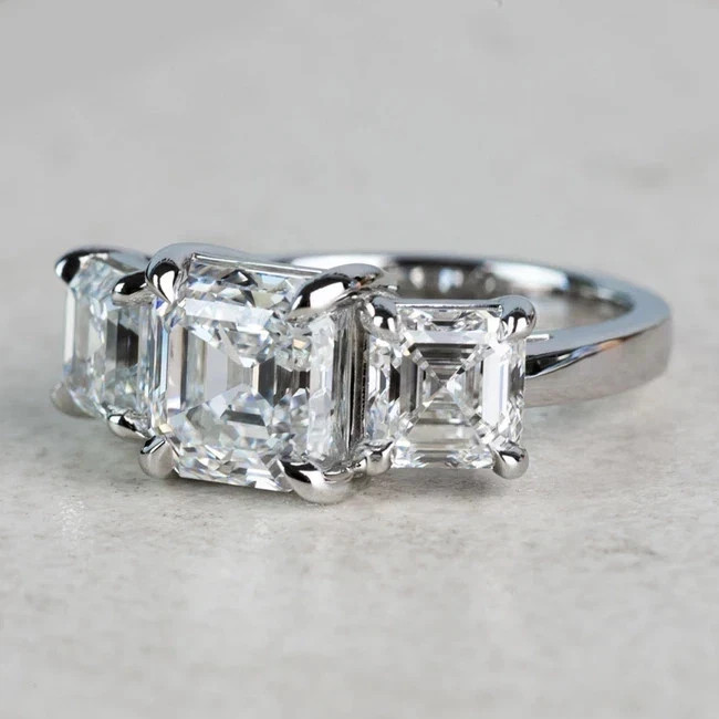 4.00Ct Asscher F-VS1 Lab Grown Diamond Three Stone Wedding Ring 14K White Gold
