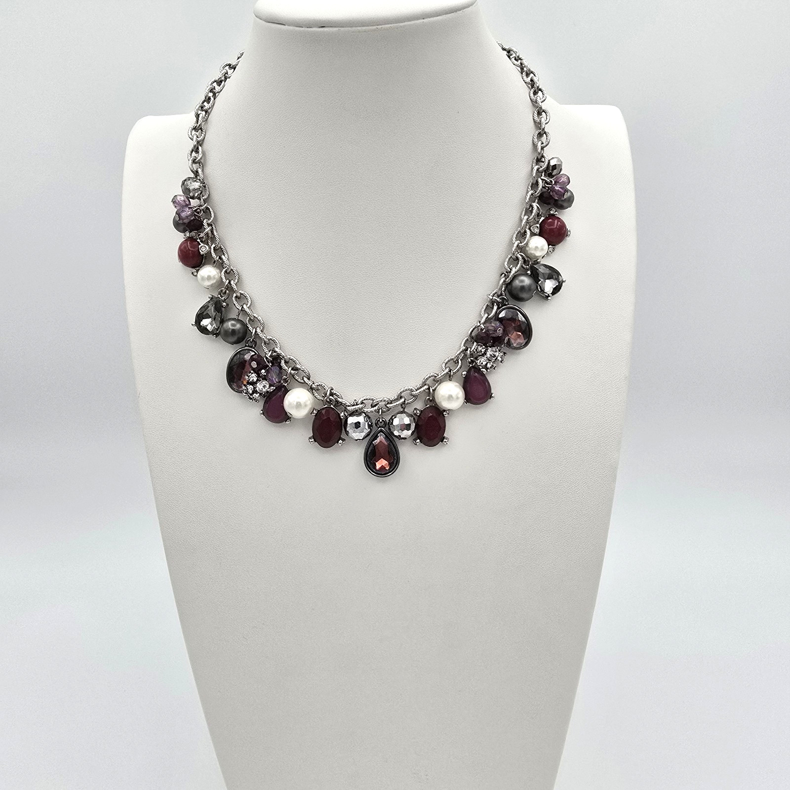 White House Black Market Red Rhinestone & Faux Pearl Necklace Purple Gray White