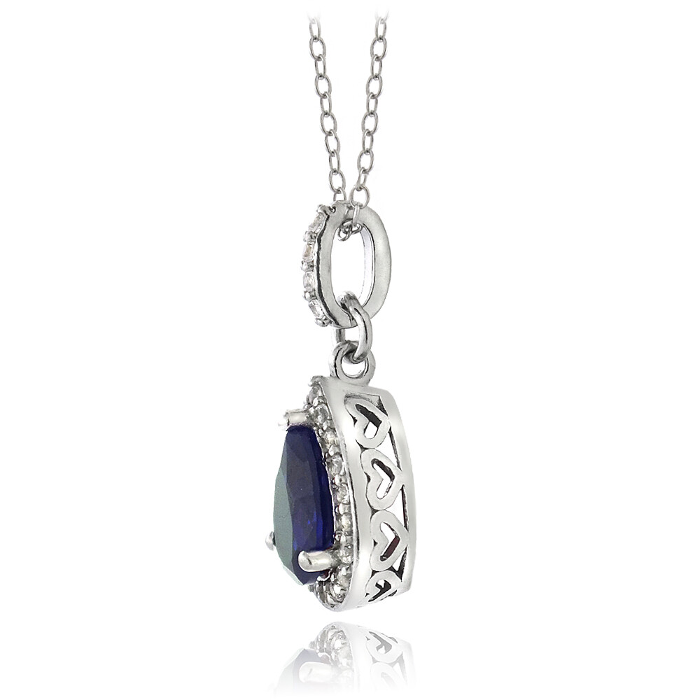 925 Silver Lab Created Blue & White Sapphire Teardrop Necklace, 18″