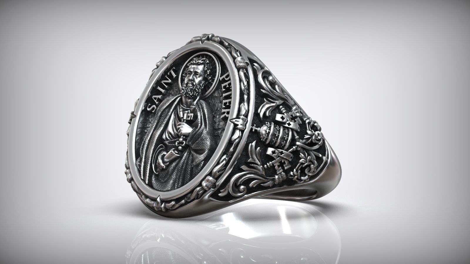 Oxidized Mens Saint Peter Apostle Keys Of Heaven Shield Christian 925Silver Ring