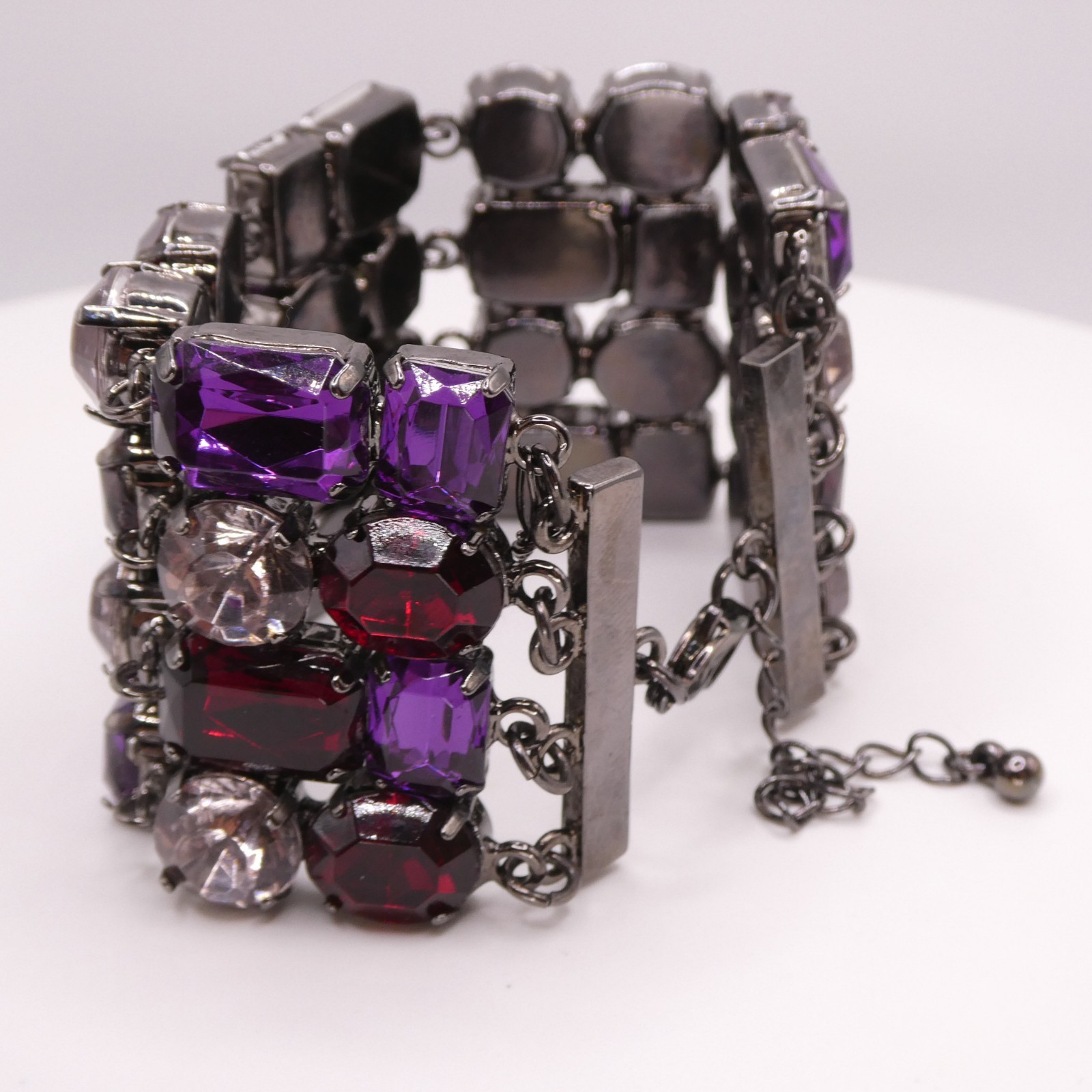 Vintage Purple Acrylic Rhinestone Adjustable 7-9″ Gunmetal Tone Wide Bracelet