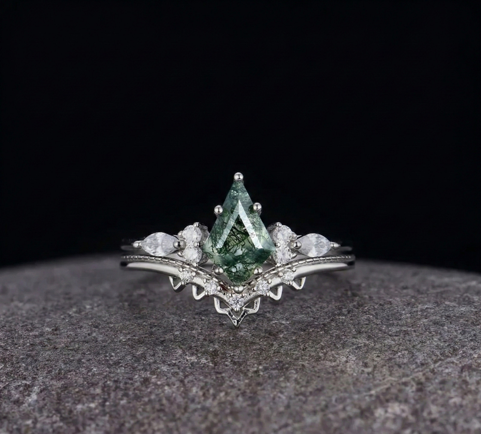 Kite Cut Moss Agate Engagement Ring, Sterling Silver Art Deco Bridal Set