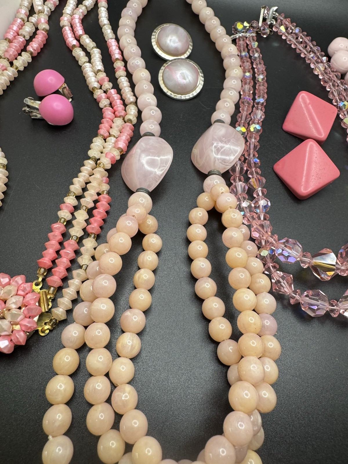 Vintage Pink Jewelry Lot 4 Necklaces 4 Pairs Earrings Lucite Beaded AB Crystal