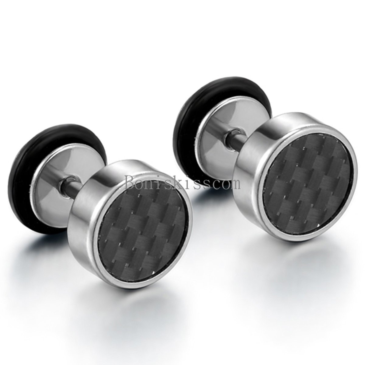 Men’s Women’s Stainless Steel Carbon Fiber 8mm Round Barbell Stud Earrings 2Pcs