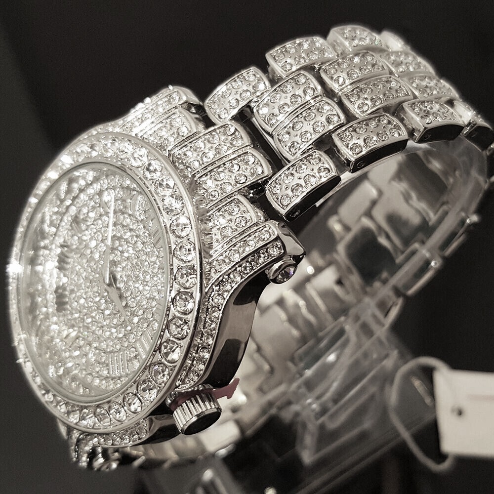 Men Hip Hop Icy Iced Silver Plated Alloy Bling Cubic Zirconia Bling Luxury Watch