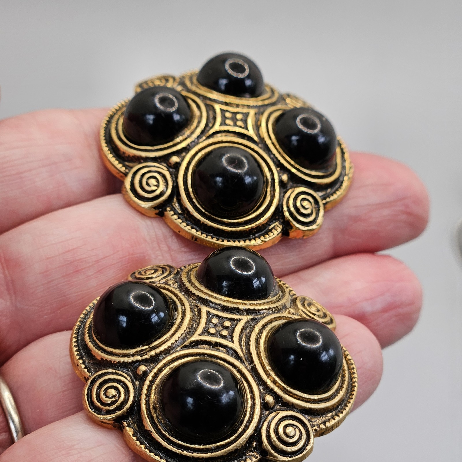 Vintage Etruscan Revival Shoe Dress Clips Pair Gold Tone Black Cabochon