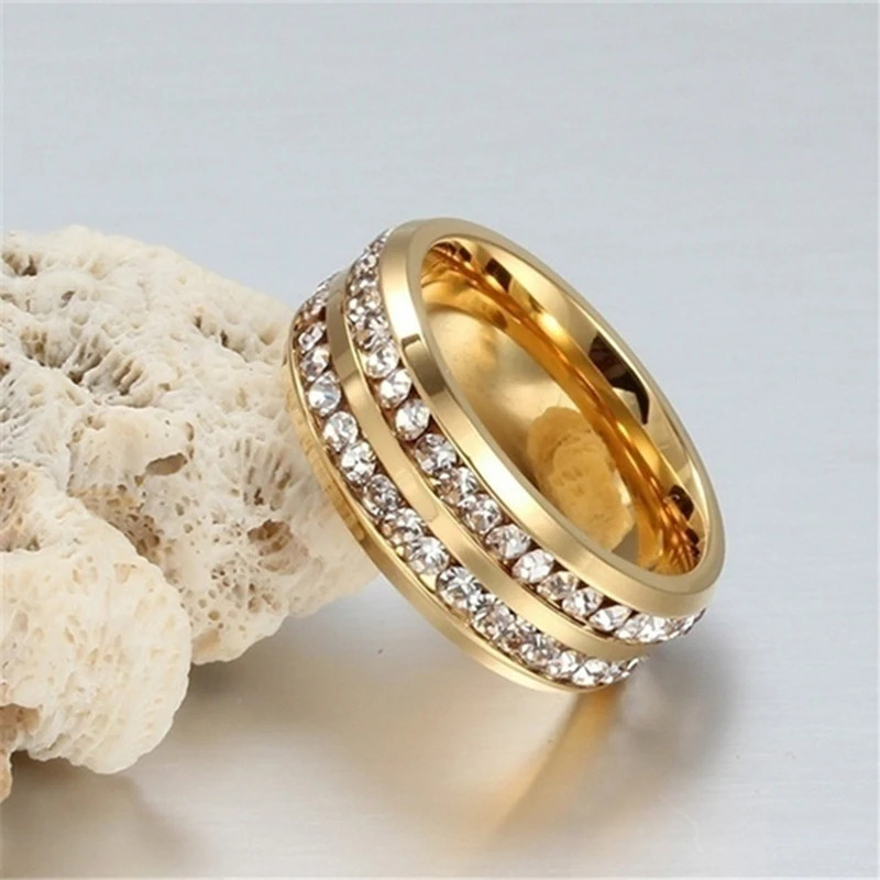 Stainless Steel Ring Marquise Cut Crystal Two Row Wedding Band Women Jewelry