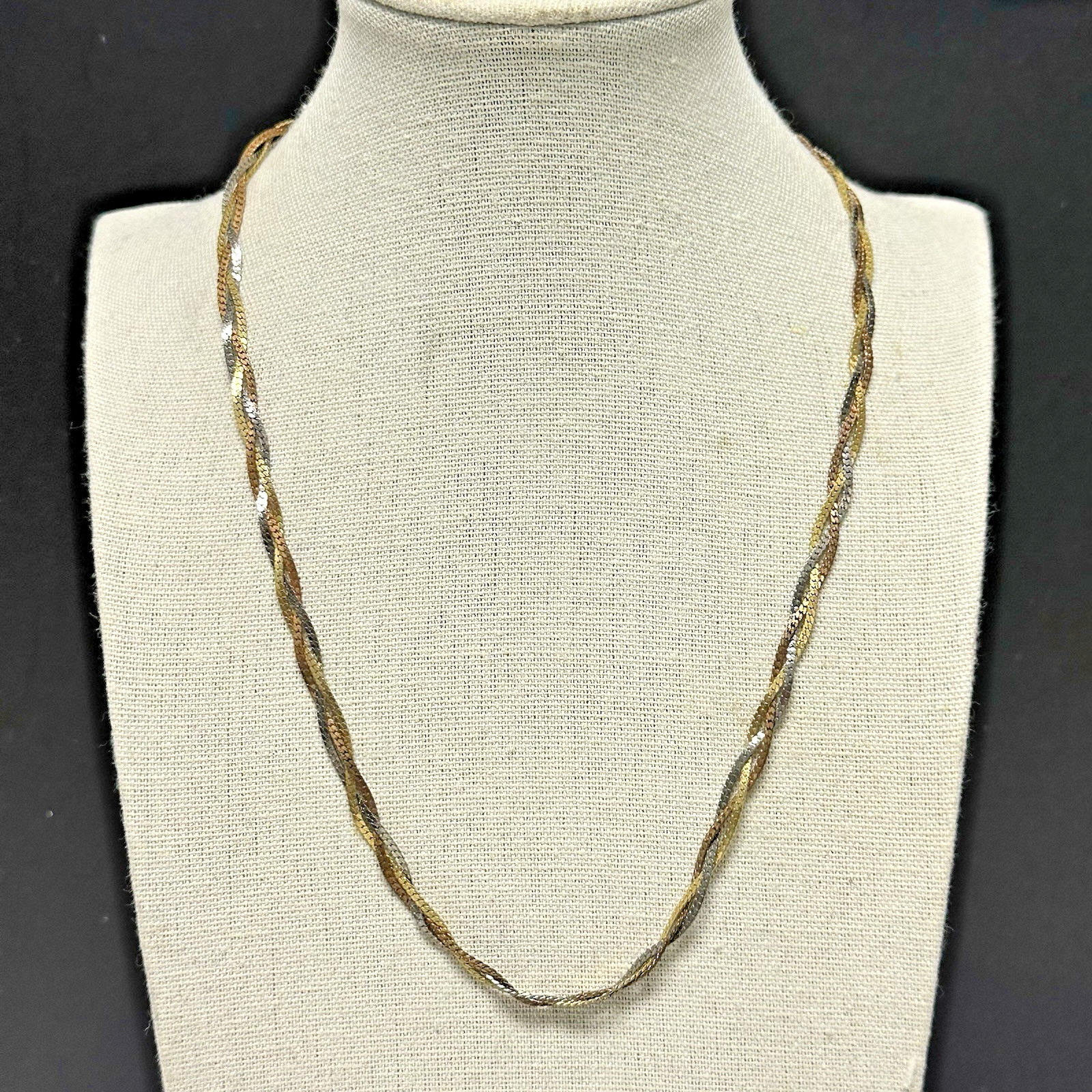 Vintage Tri Color Necklace Braided Herringbone Flat Chain Mixed Metal