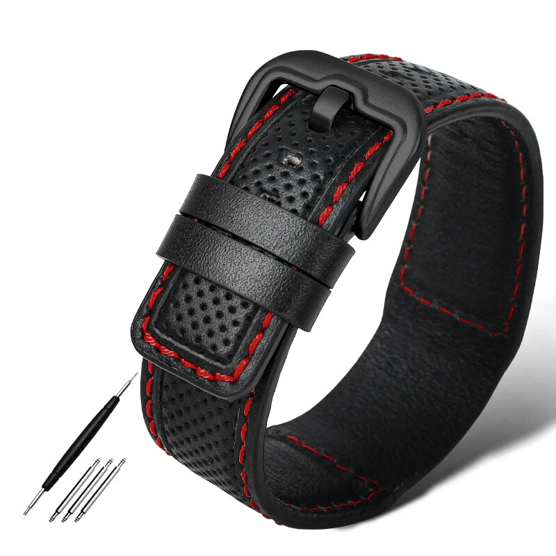Cowhide Leather Watch Strap for Panerai Dietrich 24mm Black Red Stitch Men Band