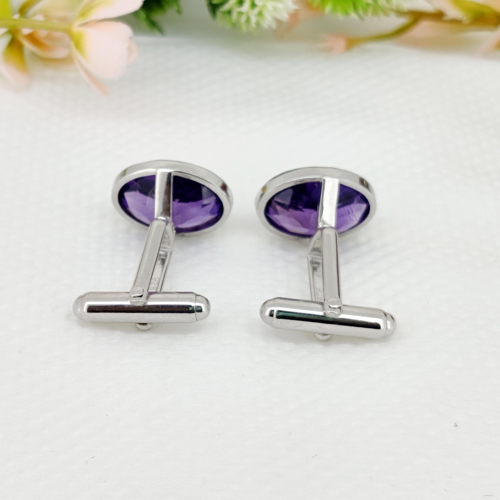 Natural Amethyst Silver Cuff Links for Men 12×16 mm Oval Gemstone Cuffs for him