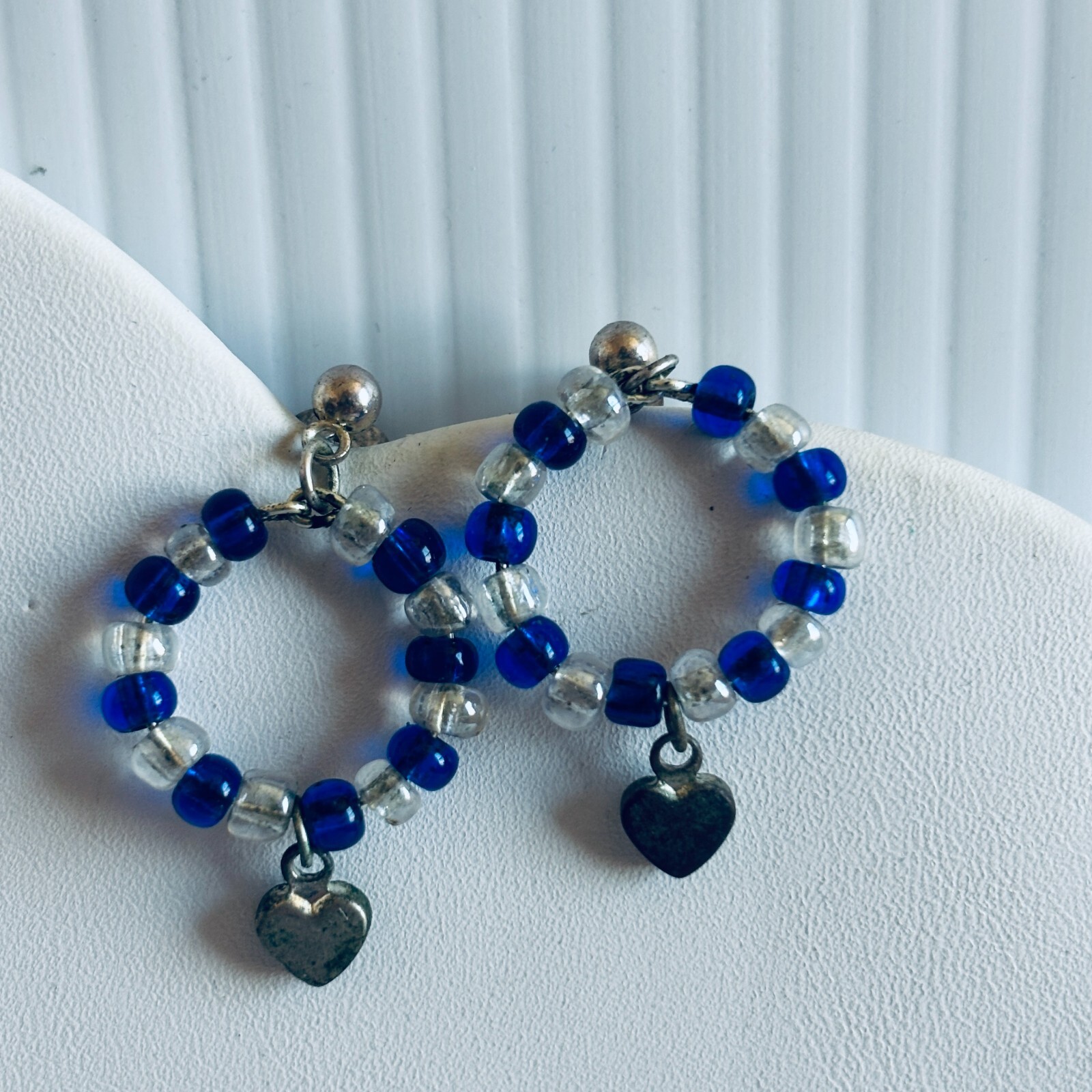Blue White Silver Heart Bead Circle Earrings
