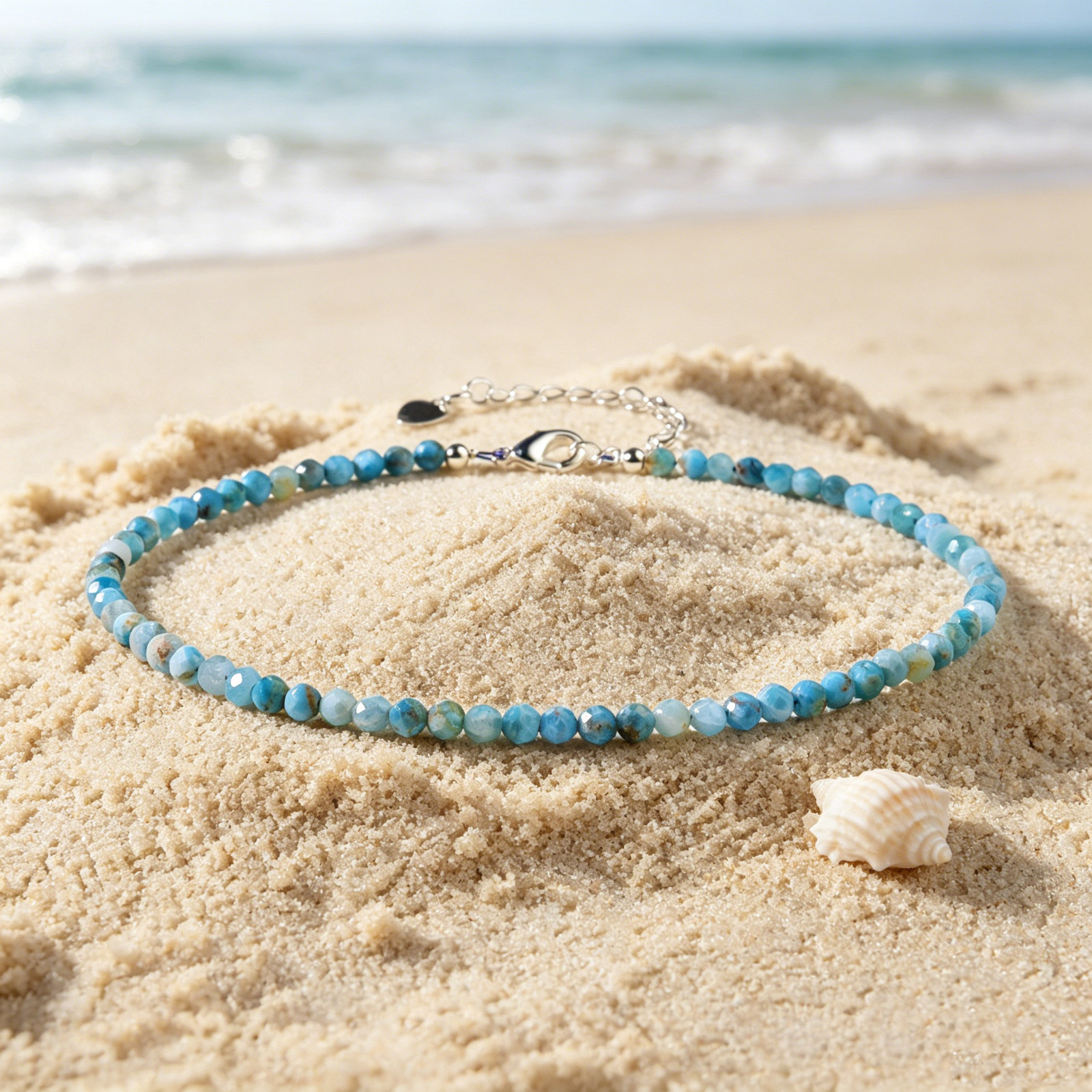 3mm Faceted Larimar Adjustable Anklet Calm Communication Beach Jewelry