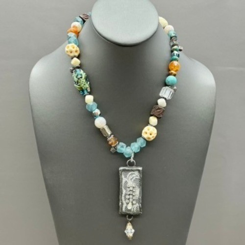 Mixed Bead Necklace Womens Teal Boho Artisan Lace Pendant Toggle Clasp 21 Inch