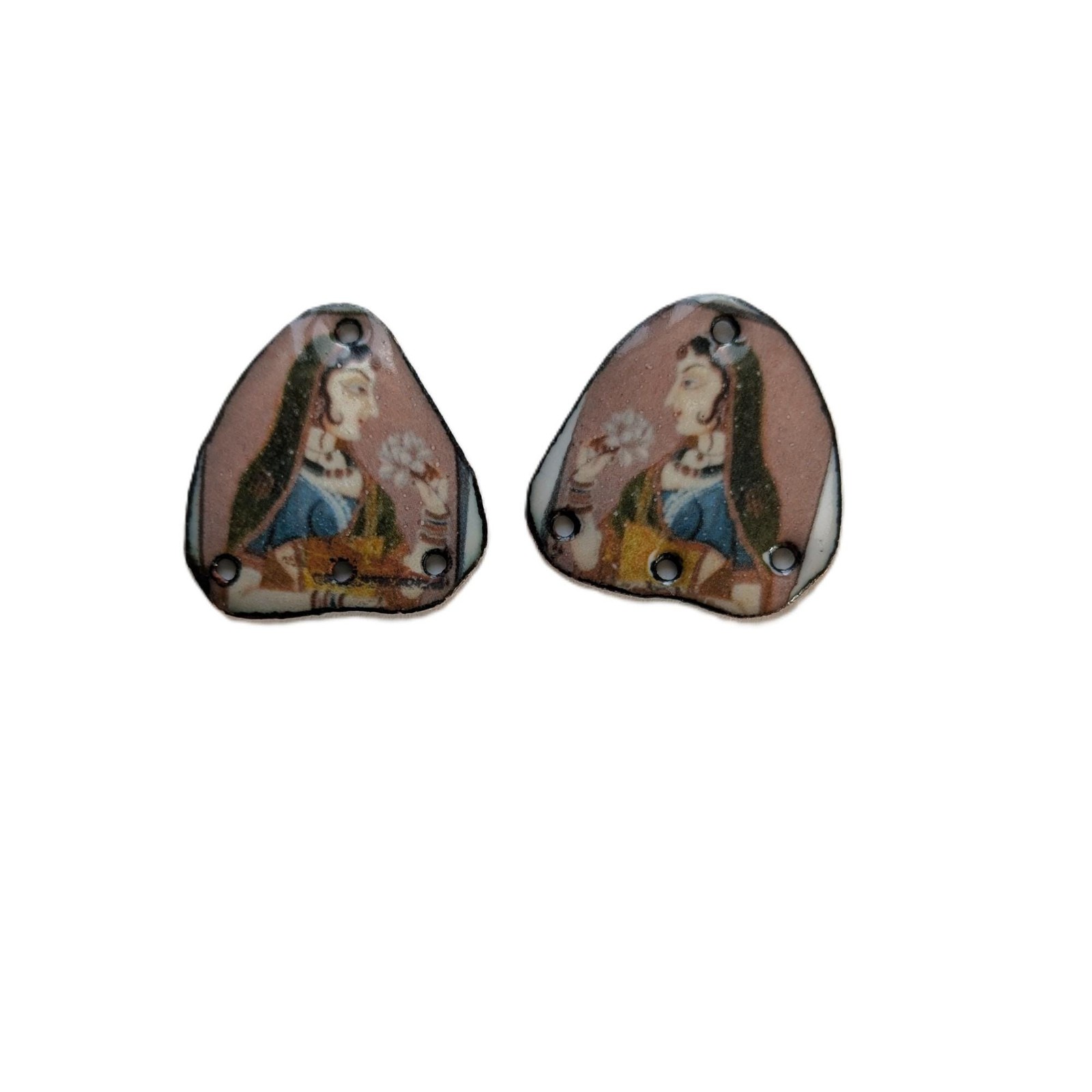 Enameled Copper Charms Mirrored Indian Art Pair (20541)