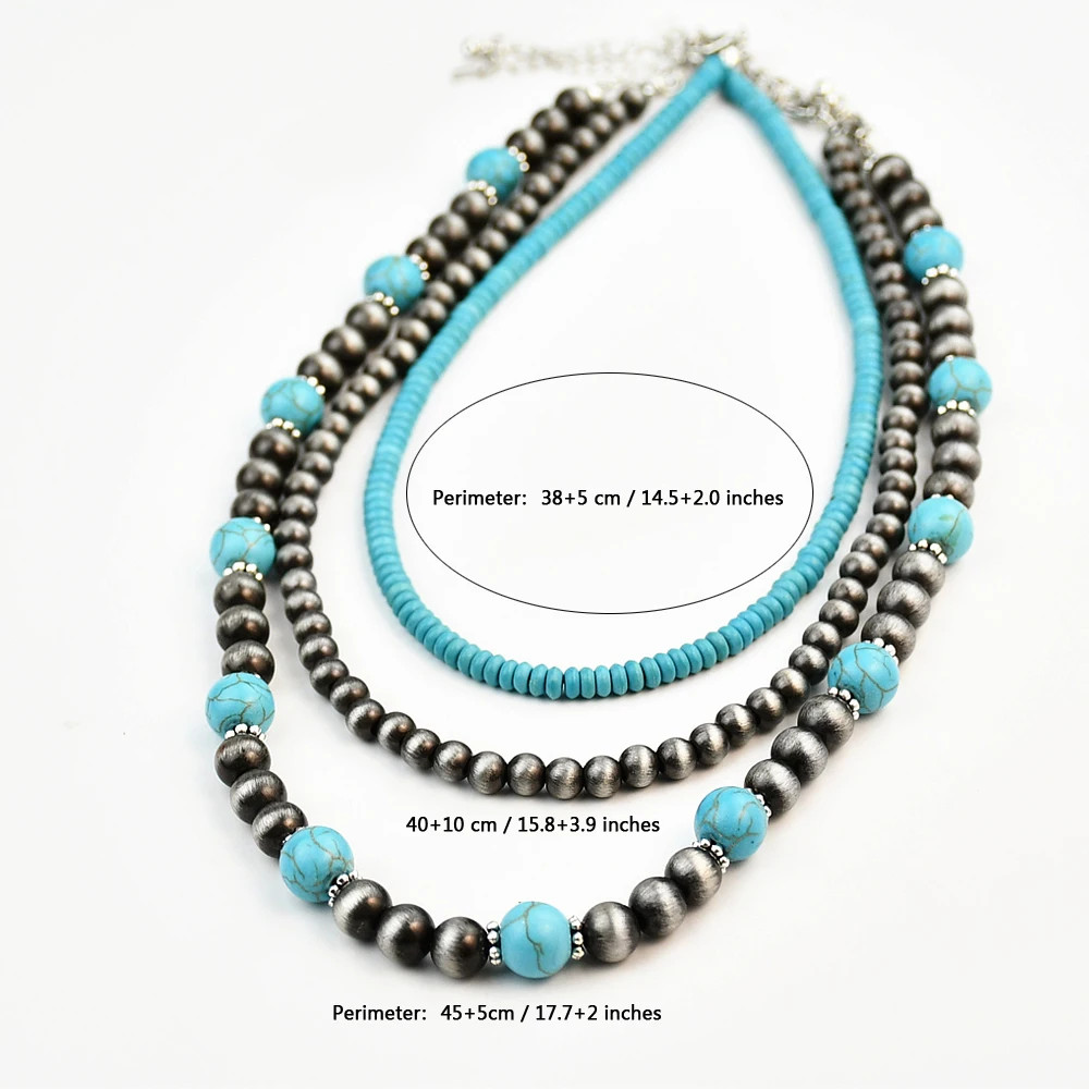 3Pcs Pearl Turquoise Beaded Necklace Set Boho Vintage Choker Women Jewelry