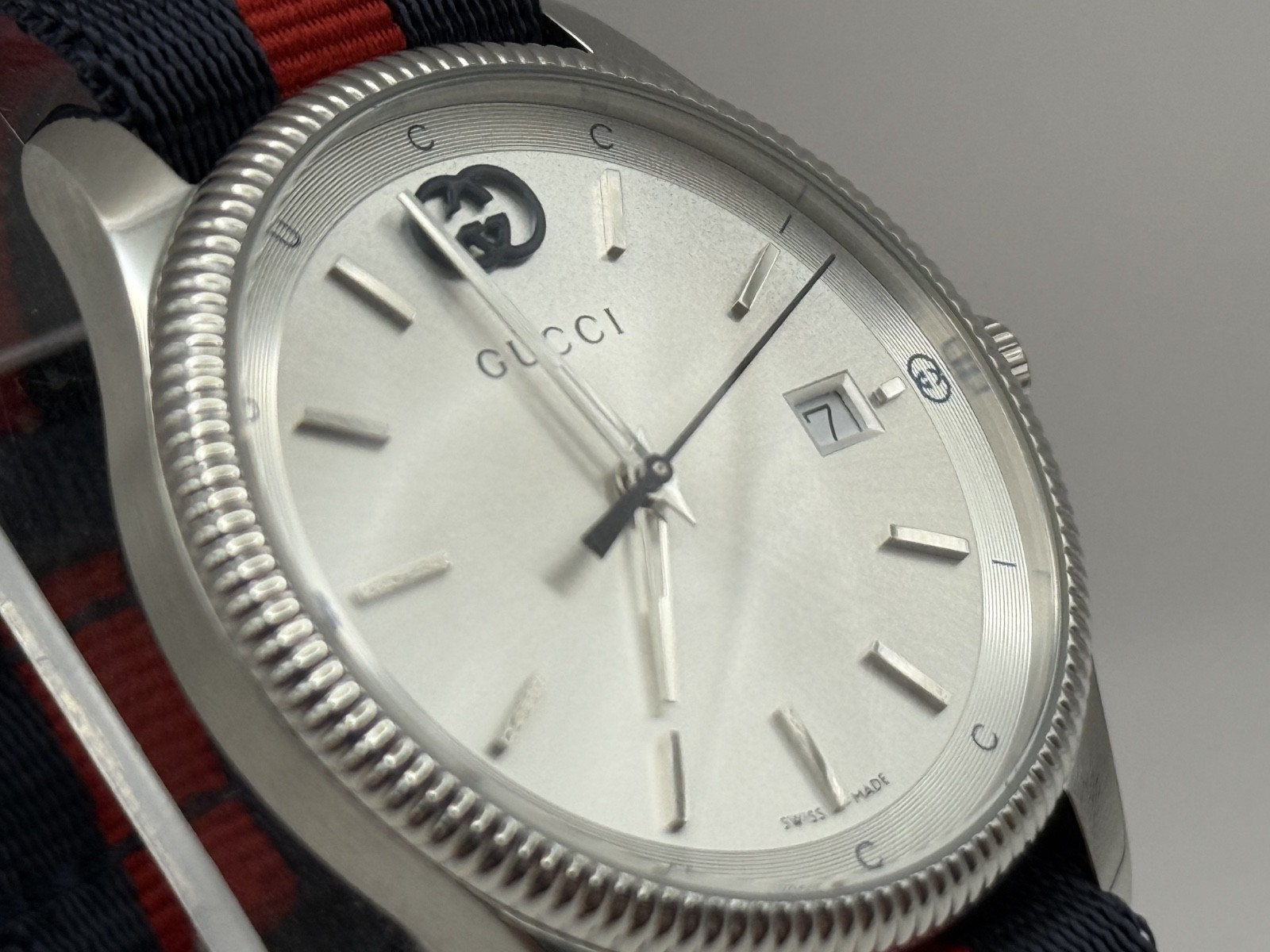 Gucci G-Timeless Silver Dial Blue and Red Nylon Strap Watch 38mm YA1264237