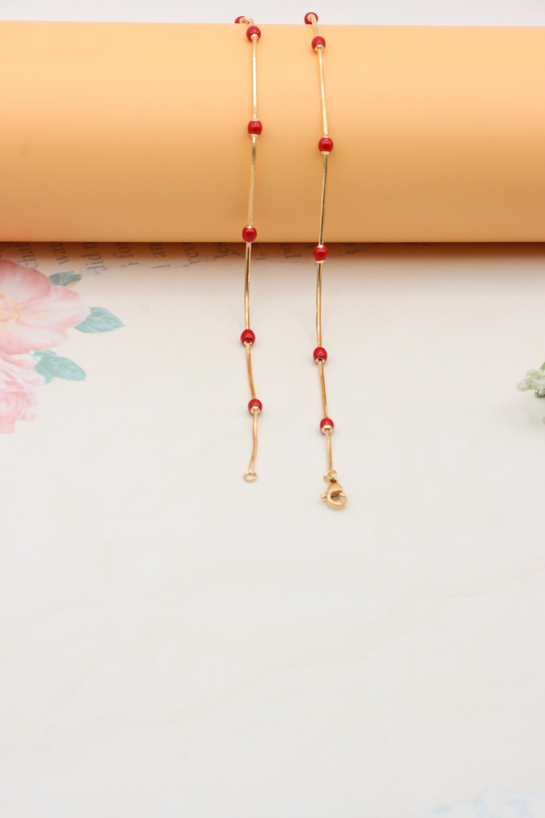 Delicate Yellow Gold Plated Necklace with Red Beads, XPNL0302