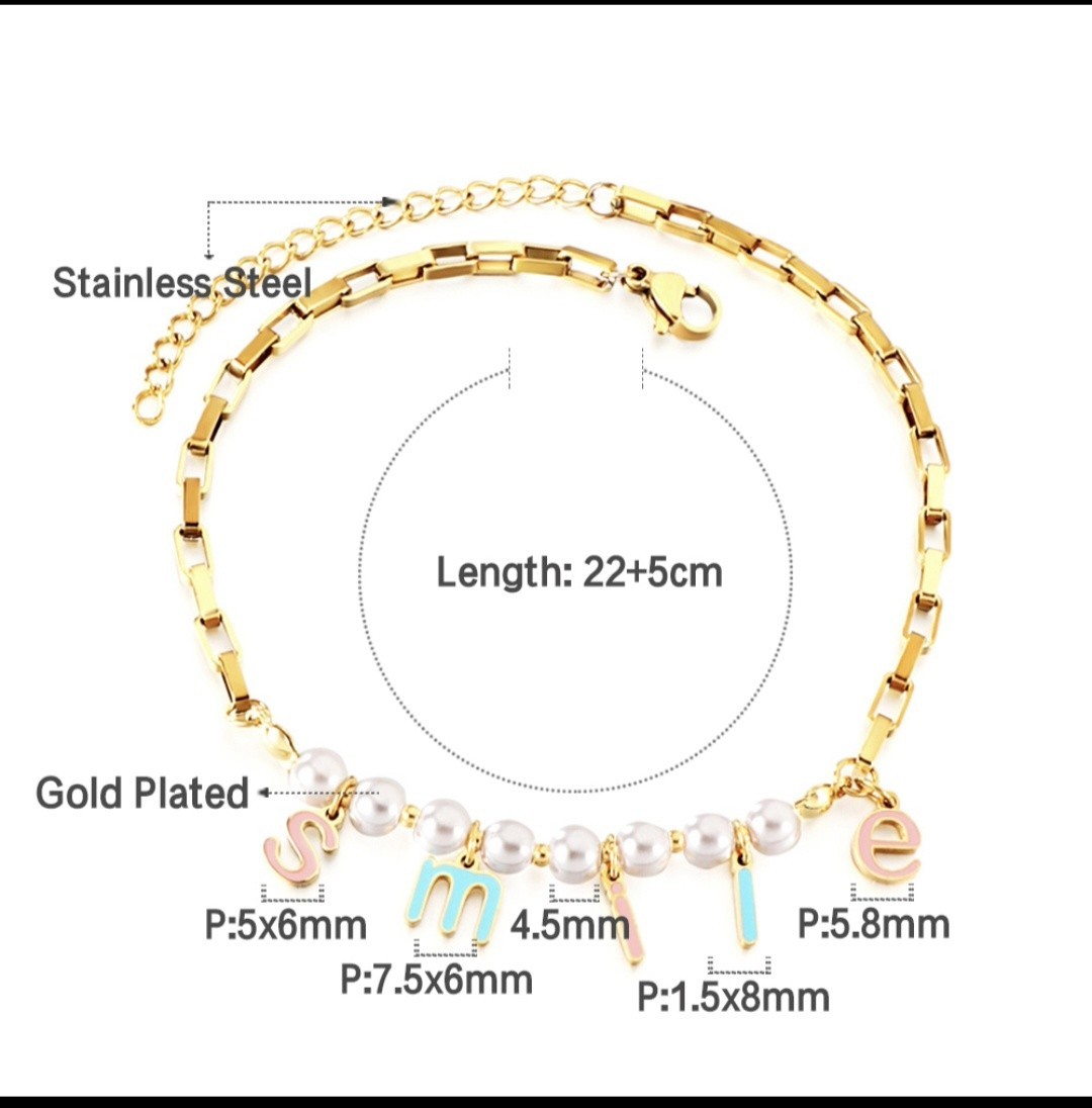 Gold Plated Stainless Steel Pearl Beaded Letter Charm Anklet Adjustable 22+5cm