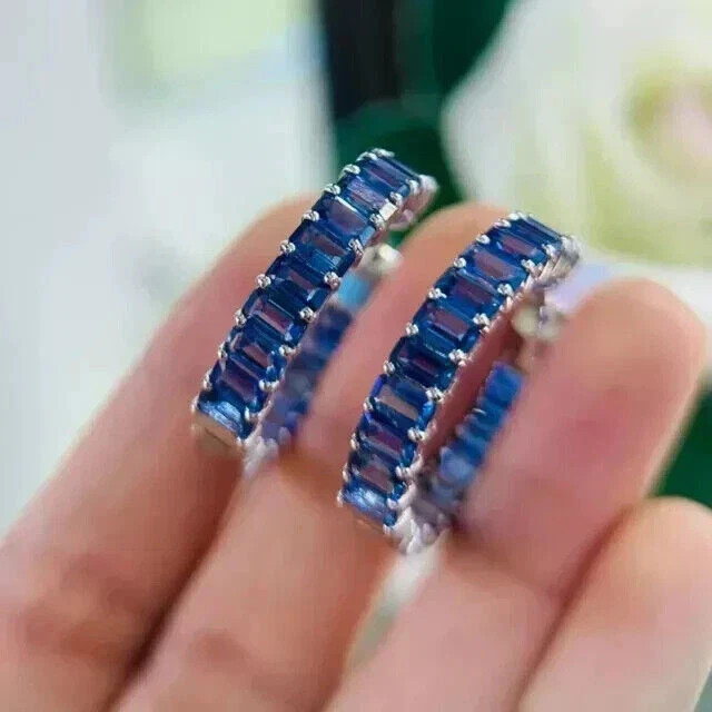 2Ct Emerald Cut Lab-Created Blue Sapphire Hoop Earrings 14K White Gold Plated