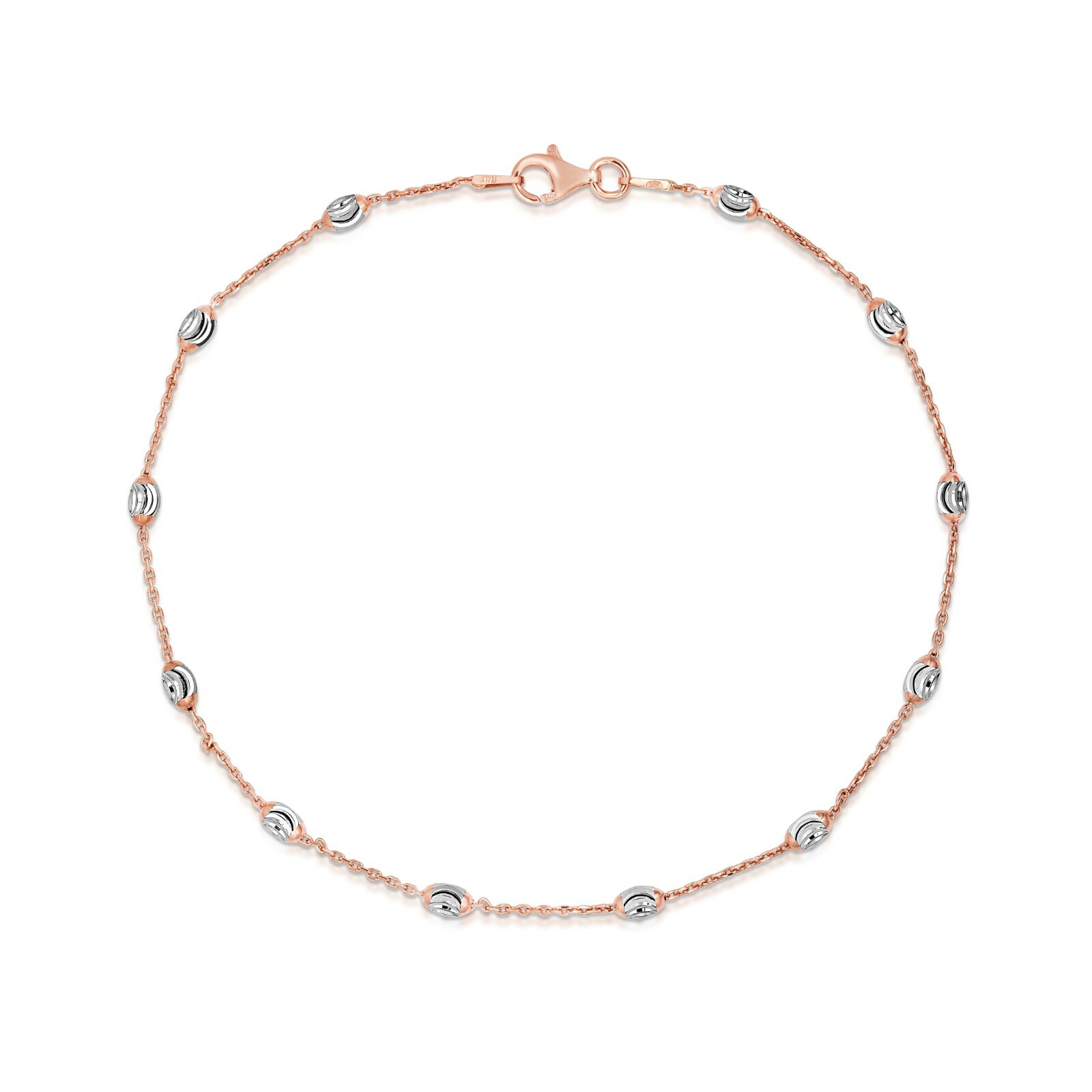 .925 Sterling Silver Rose Gold Diamond Cut Station Oval Moon Anklet 9″ and 10″